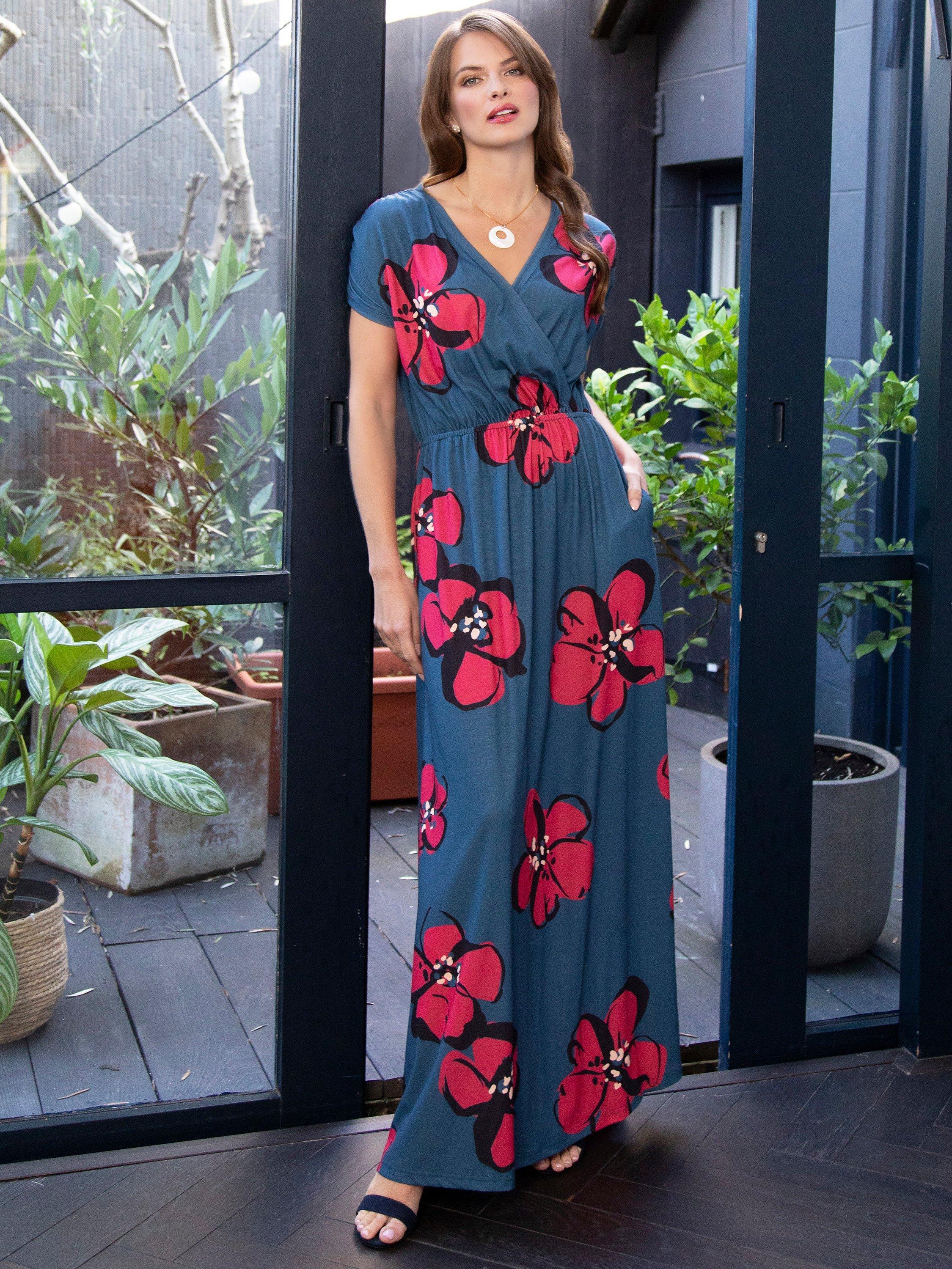 Product image 4 of 7, which shows HotSquash Mock Wrap Maxi Dress, Floral Teal/Coral, 10