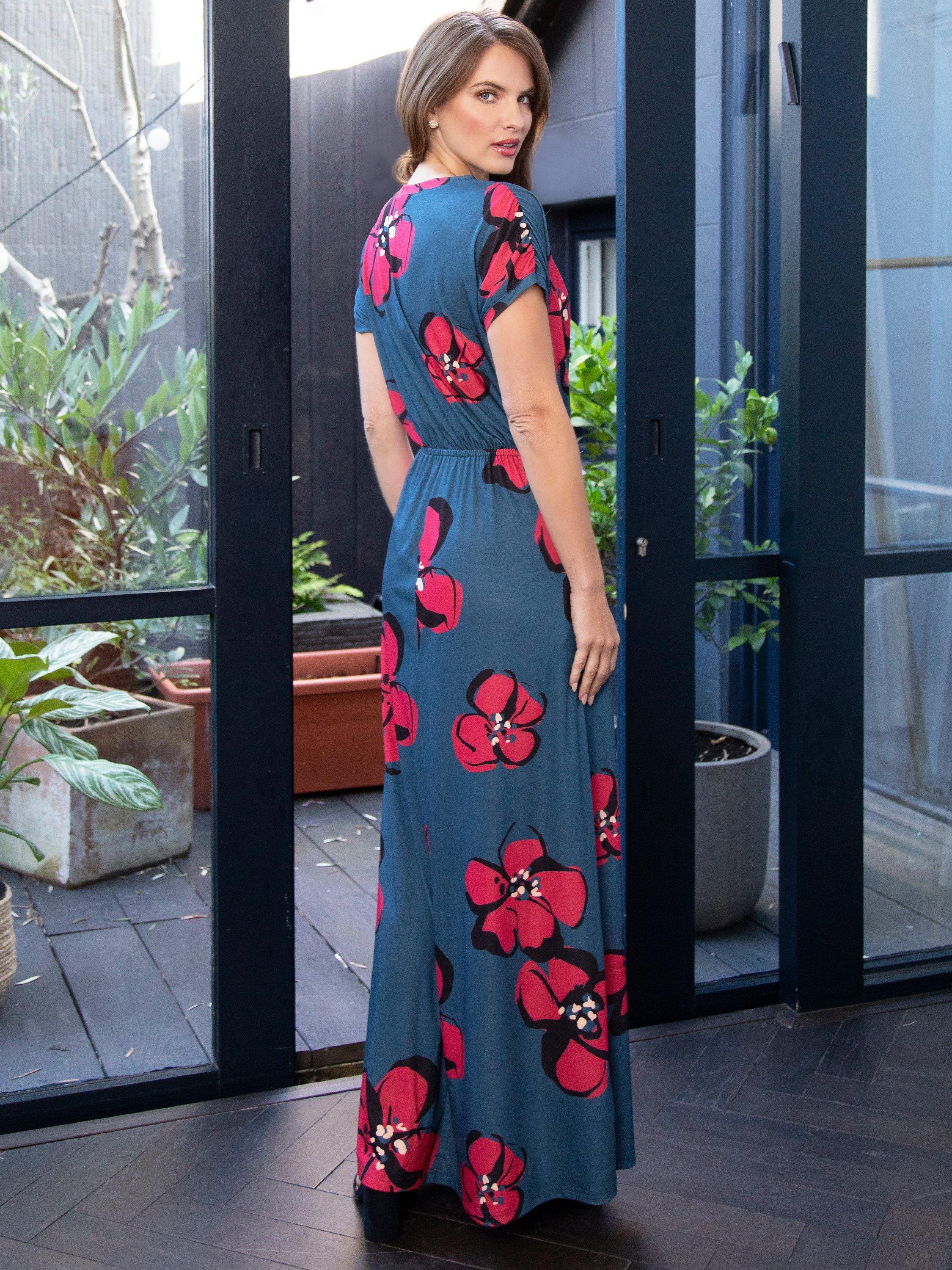 Product image 5 of 7, which shows HotSquash Mock Wrap Maxi Dress, Floral Teal/Coral, 10