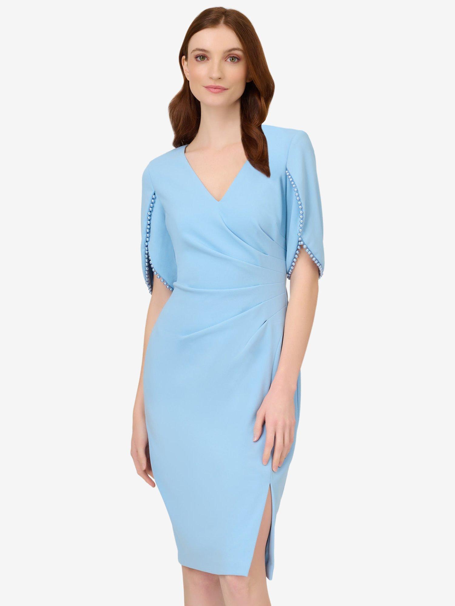 Adrianna Papell Crepe Pearl Trim Dress, Elegant Sky