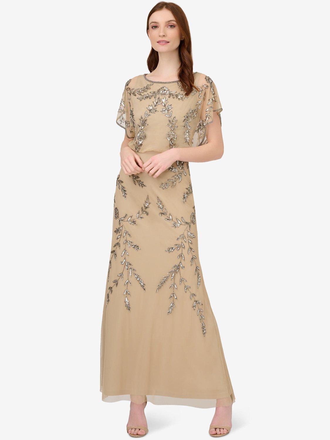 Adrianna Papell Studio Beaded Flutter Blouson Gown, Nude