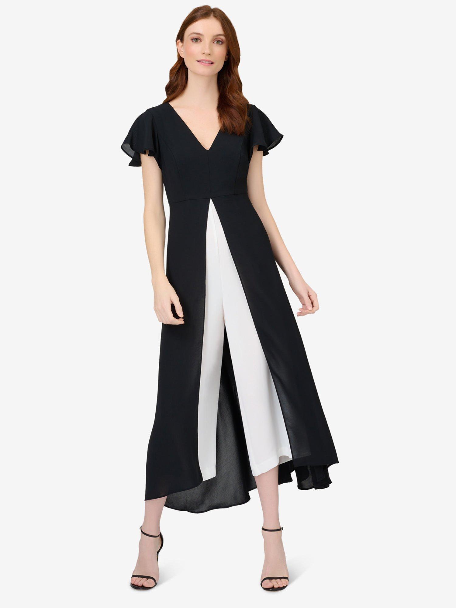 Adrianna Papell Gauzy Crepe Colour Block Cropped Jumpsuit, Black/Ivory