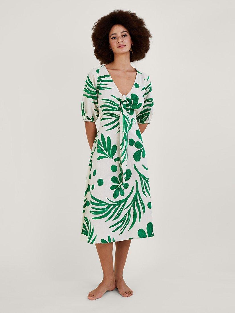 Monsoon Palm Print Tie Front Midi Dress, Green/White