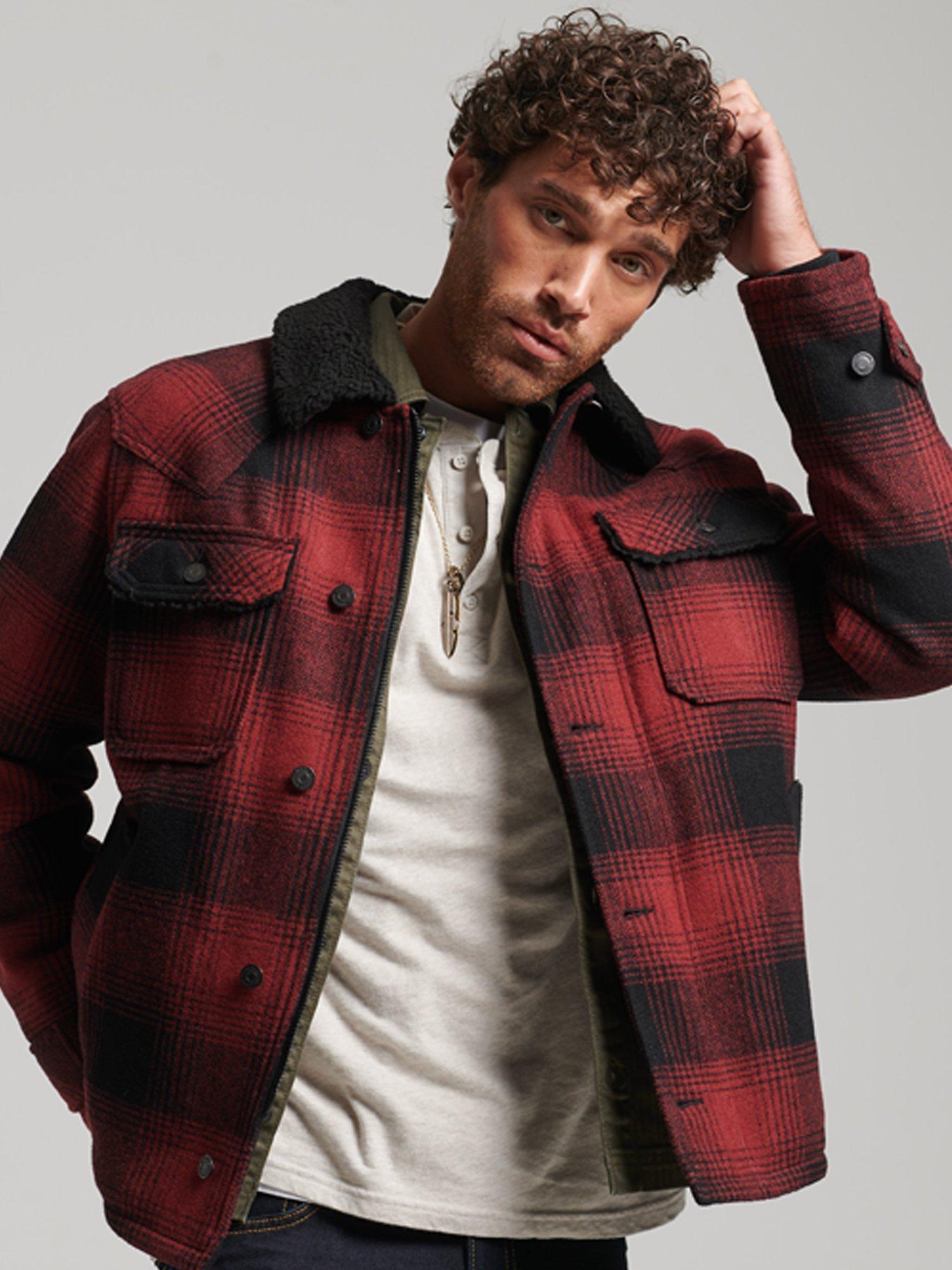 Superdry Merchant Wool Chore Coat, Rhubarb Red Check, L