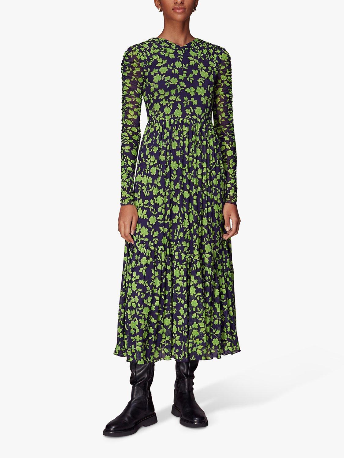 Whistles Linear Floral Mesh Dress, Green/Multi