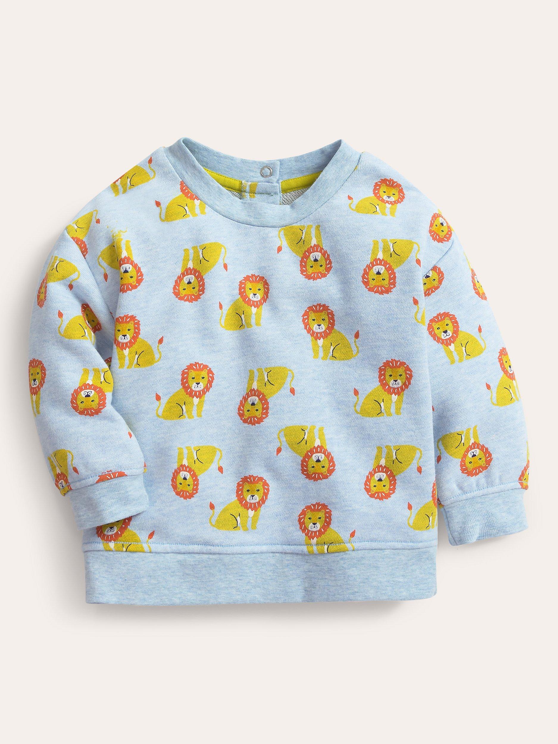 Mini Boden Baby Baby Relaxed Lion Print Sweatshirt, Pebble Blue