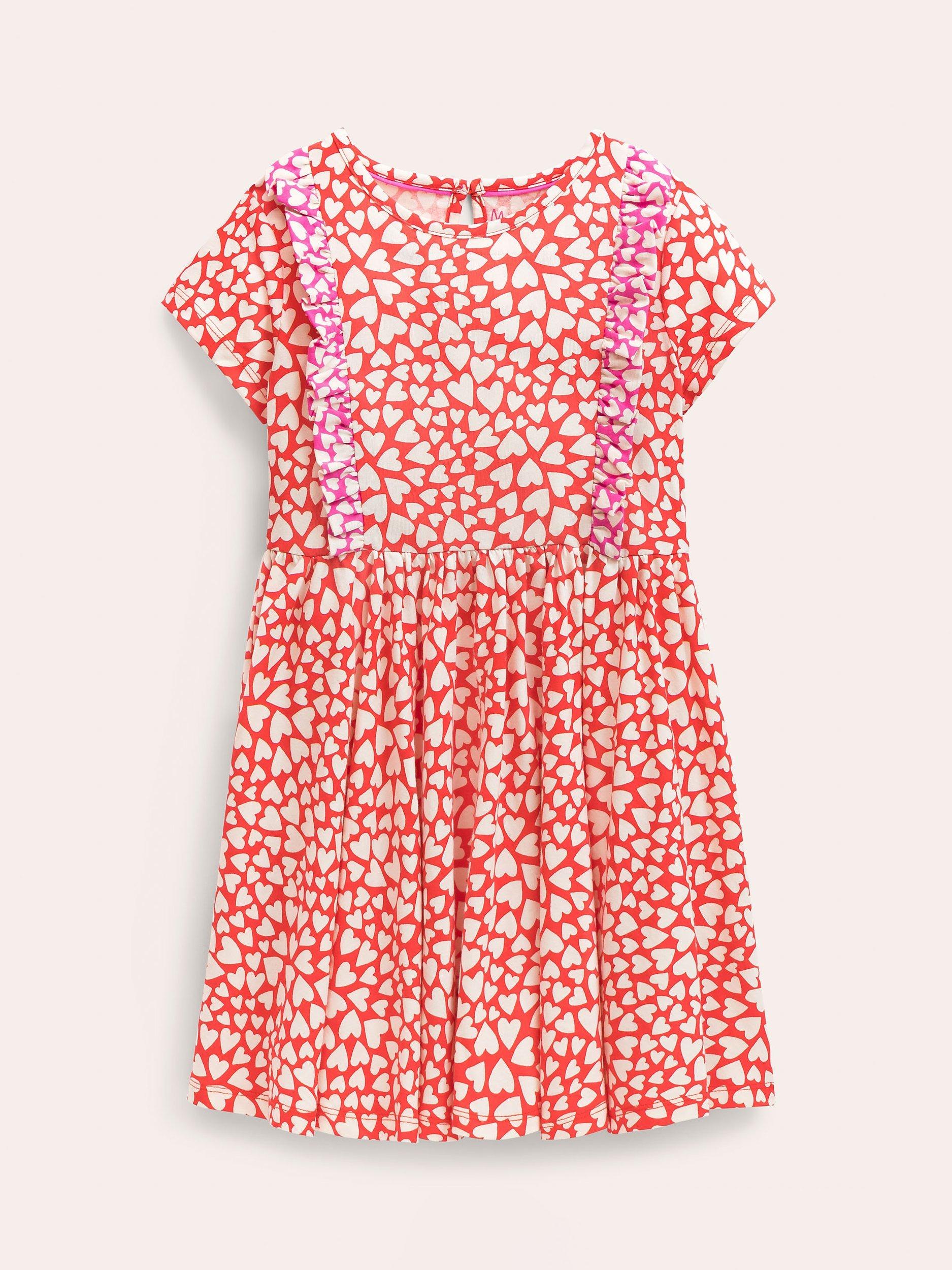 Mini Boden Kids' Frilly Twirly Heart Print Dress, Strawberry Red