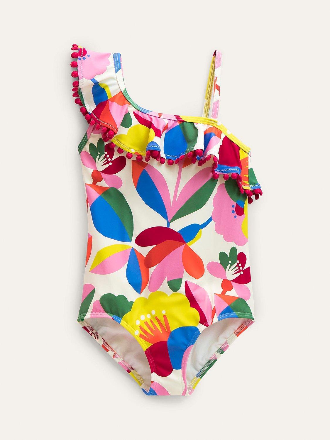 Mini Boden Kids' Frilly One Shoulder Swimsuit, Ivory/Multi