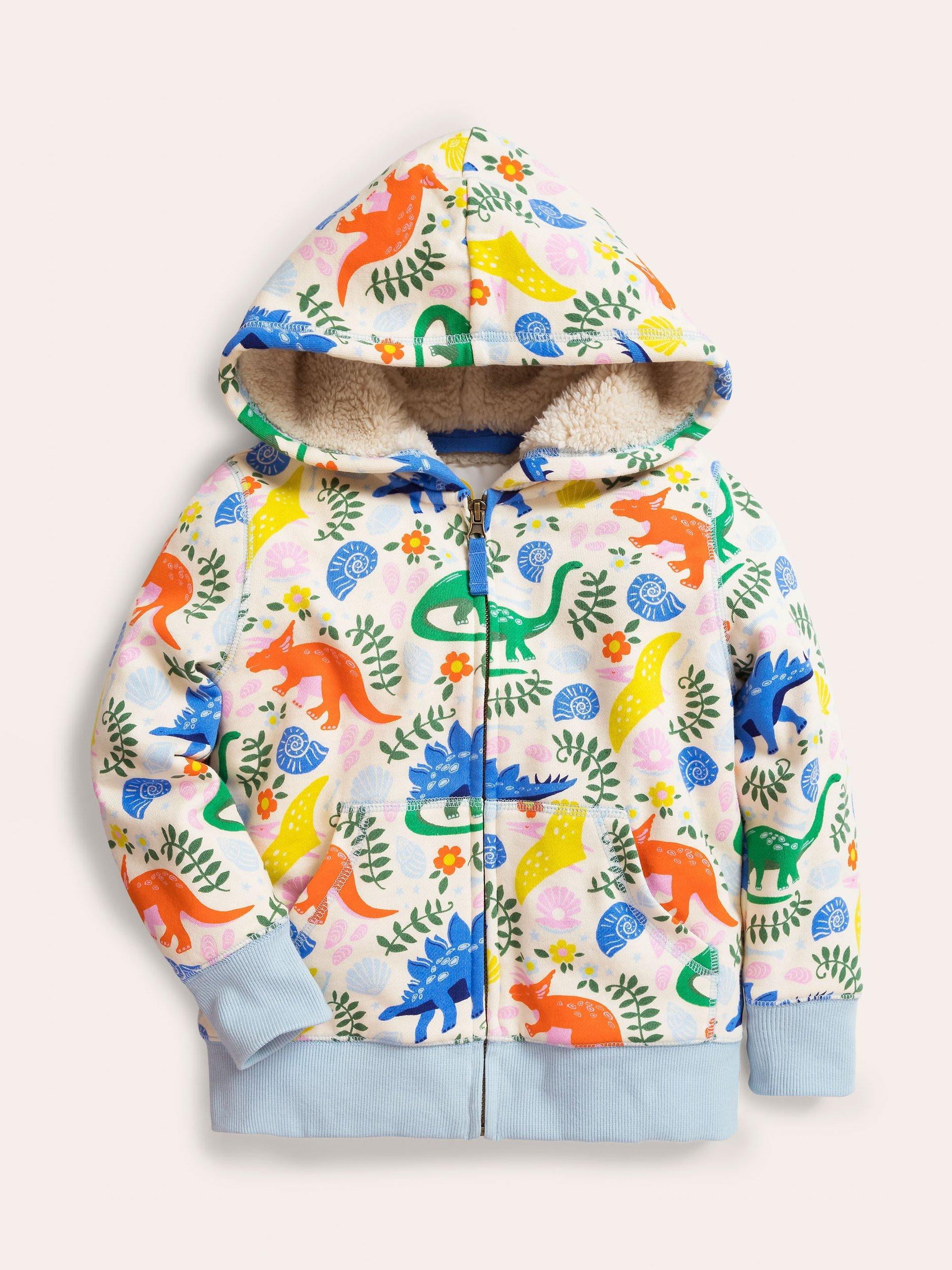 Mini Boden Kids' Shaggy Lined Dinosaur Hoodie, Vanilla Pod