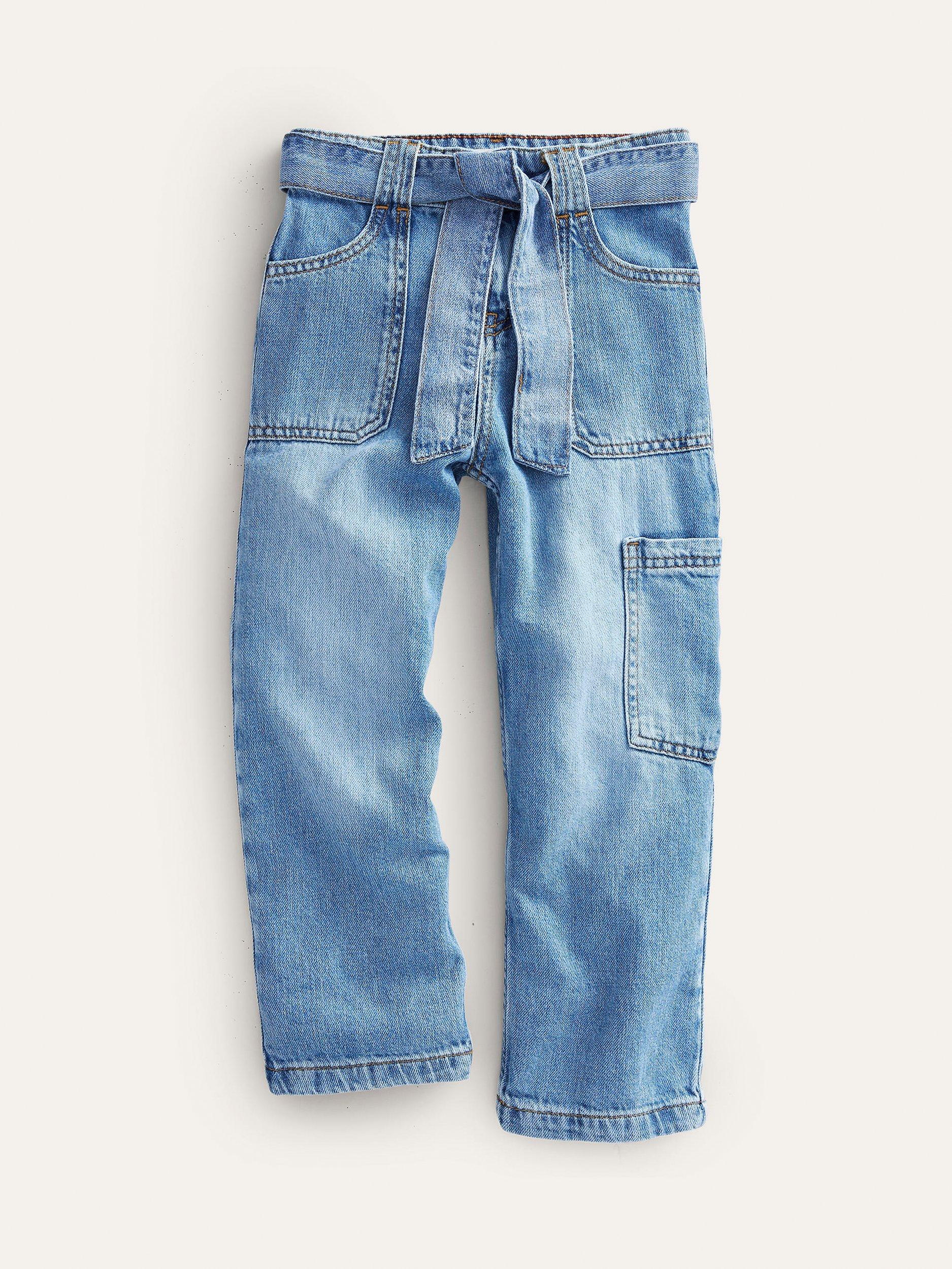 Mini Boden Kids' Tie Waist Cargo Trouser, Mid Vintage Denim