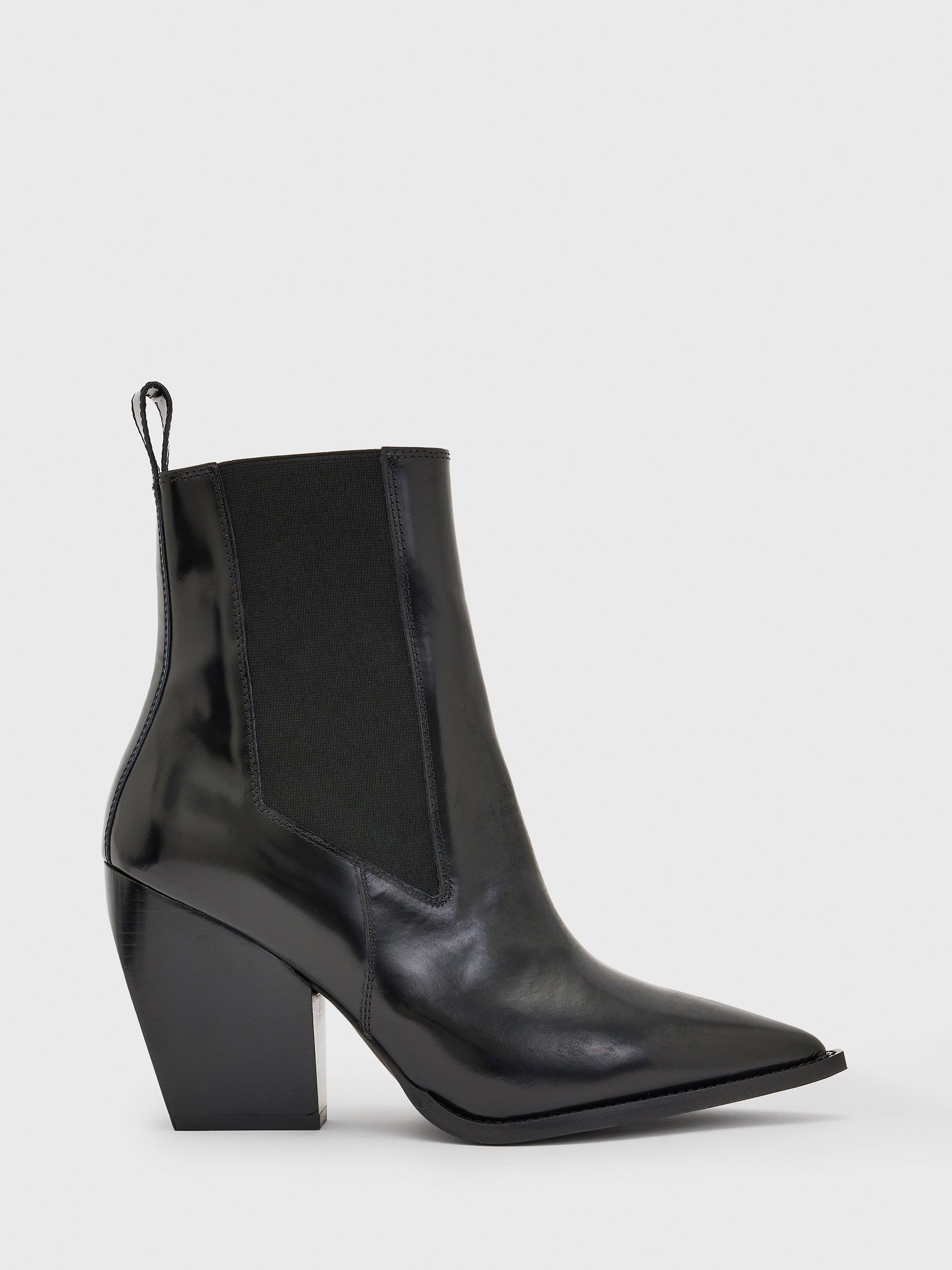 Product image 1 of 6, which shows AllSaints Ria Leather Ankle Boots, Black, EU39
