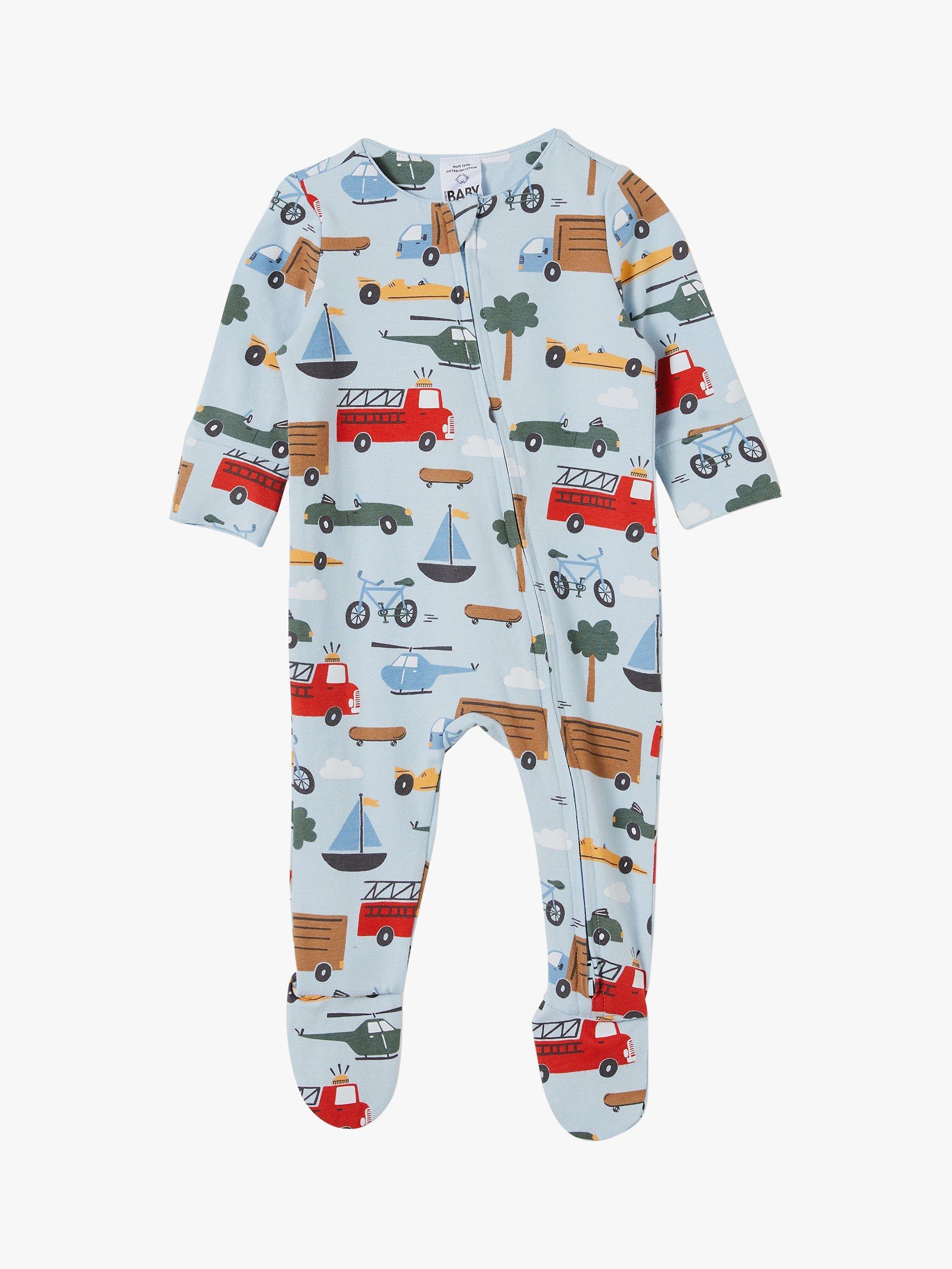 Cotton On Baby Vehicle Print Sleepsuit, Blue Sky