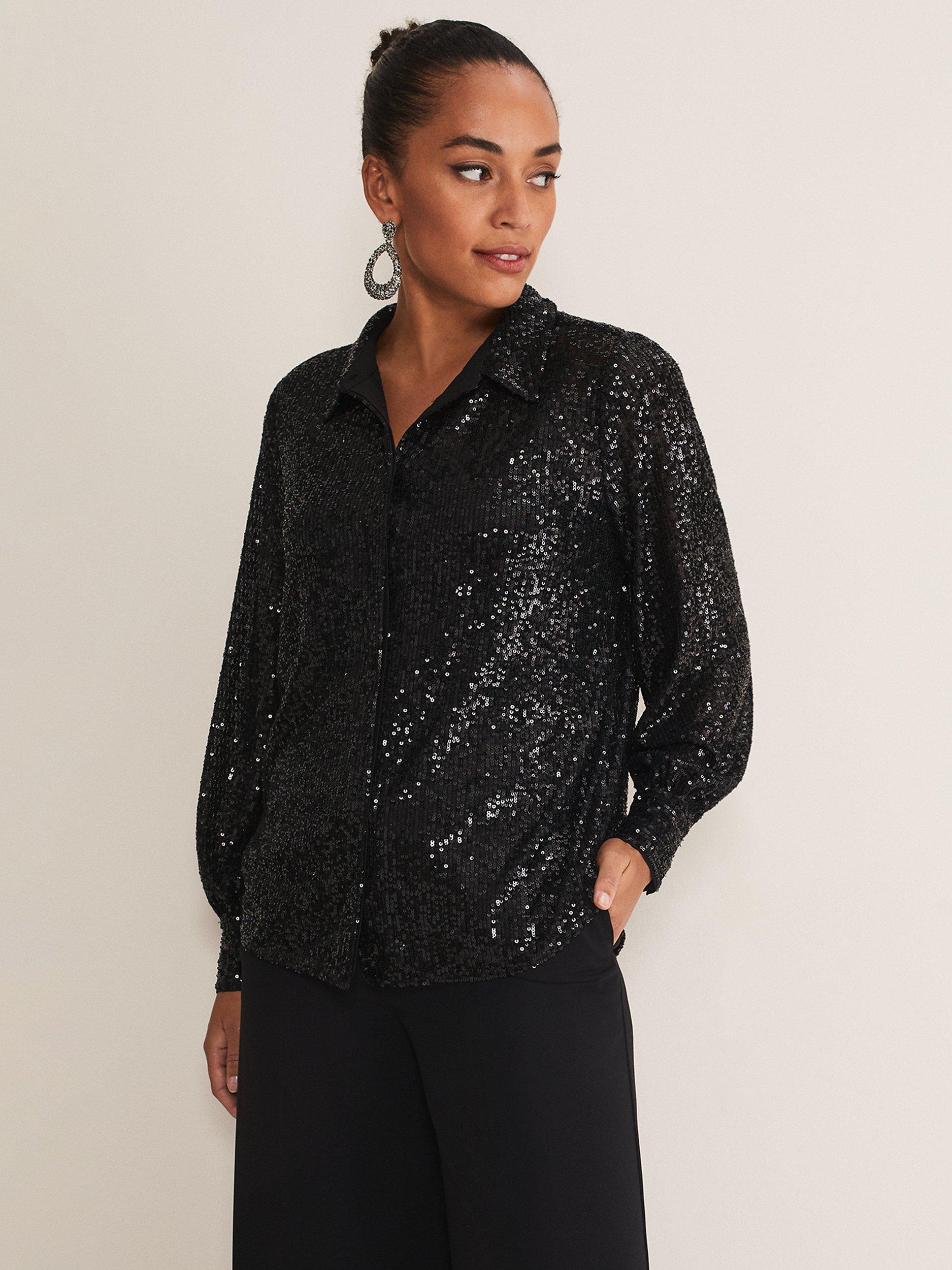 Phase Eight Medora Sequin Shirt, Black