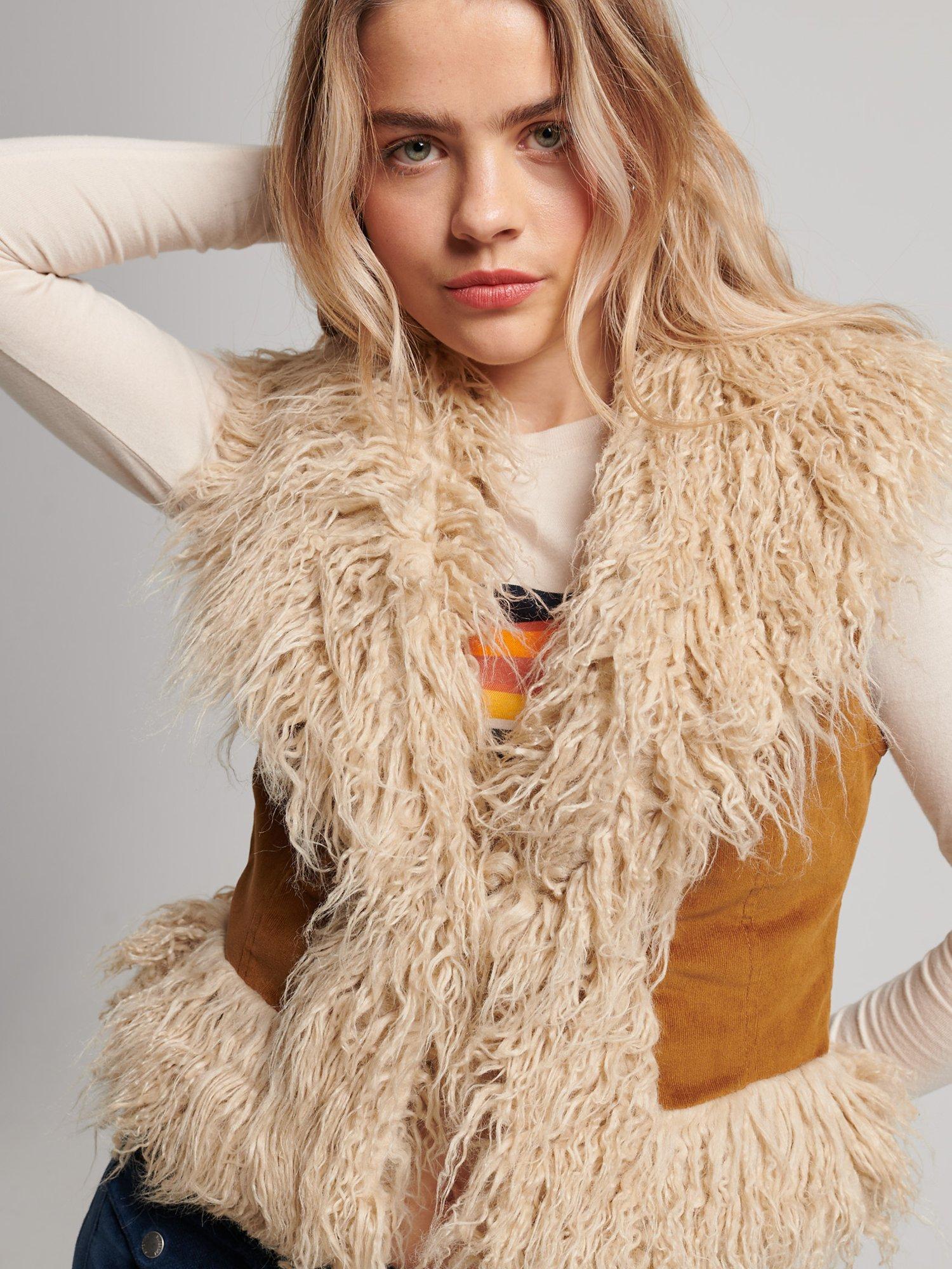Superdry Faux Fur Lined Afghan Cropped Gilet, Tobacco Brown, 12