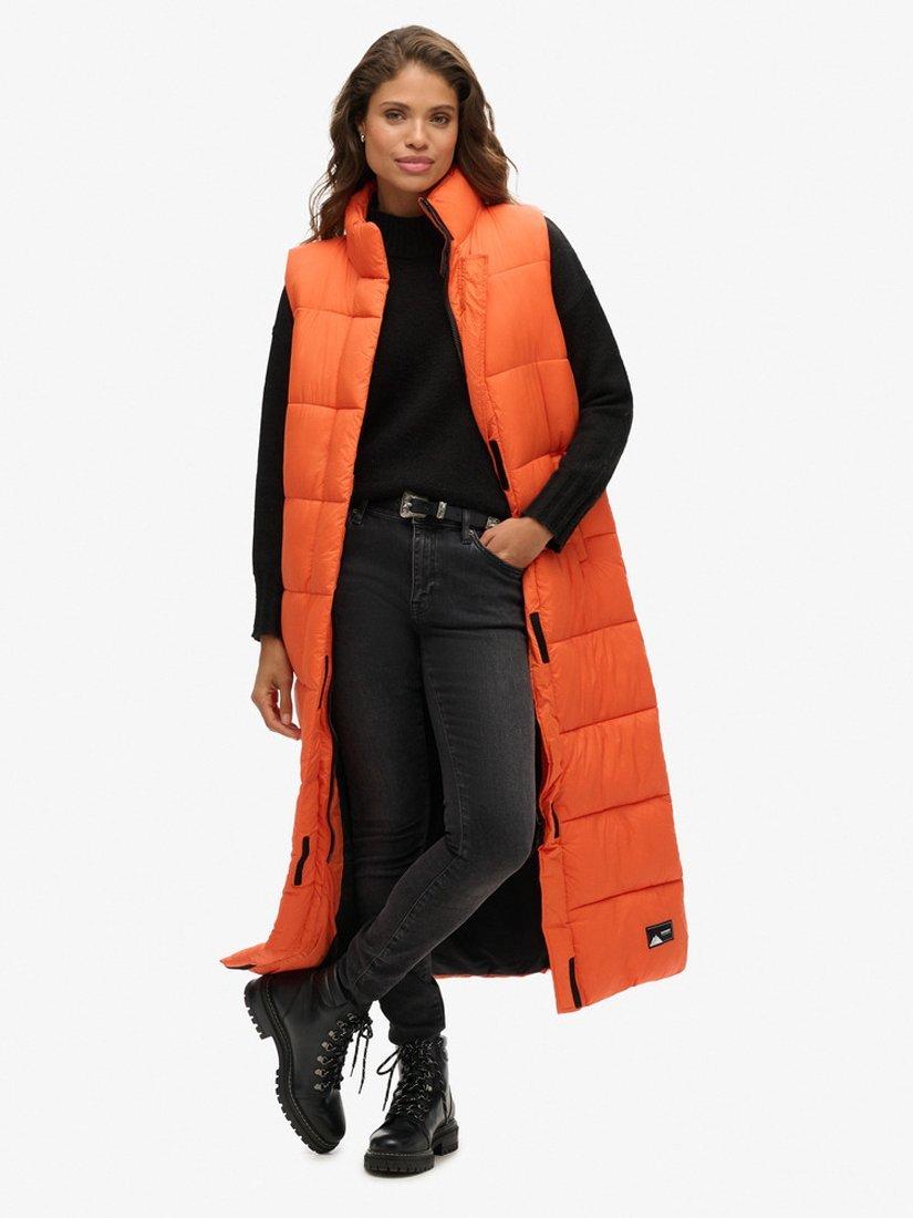 Product image 1 of 6, which shows Superdry Ripstop Longline Puffer Gilet, Orange Grid, 8
