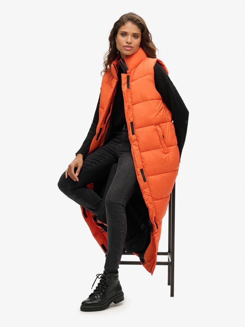 Product image 2 of 6, which shows Superdry Ripstop Longline Puffer Gilet, Orange Grid, 8