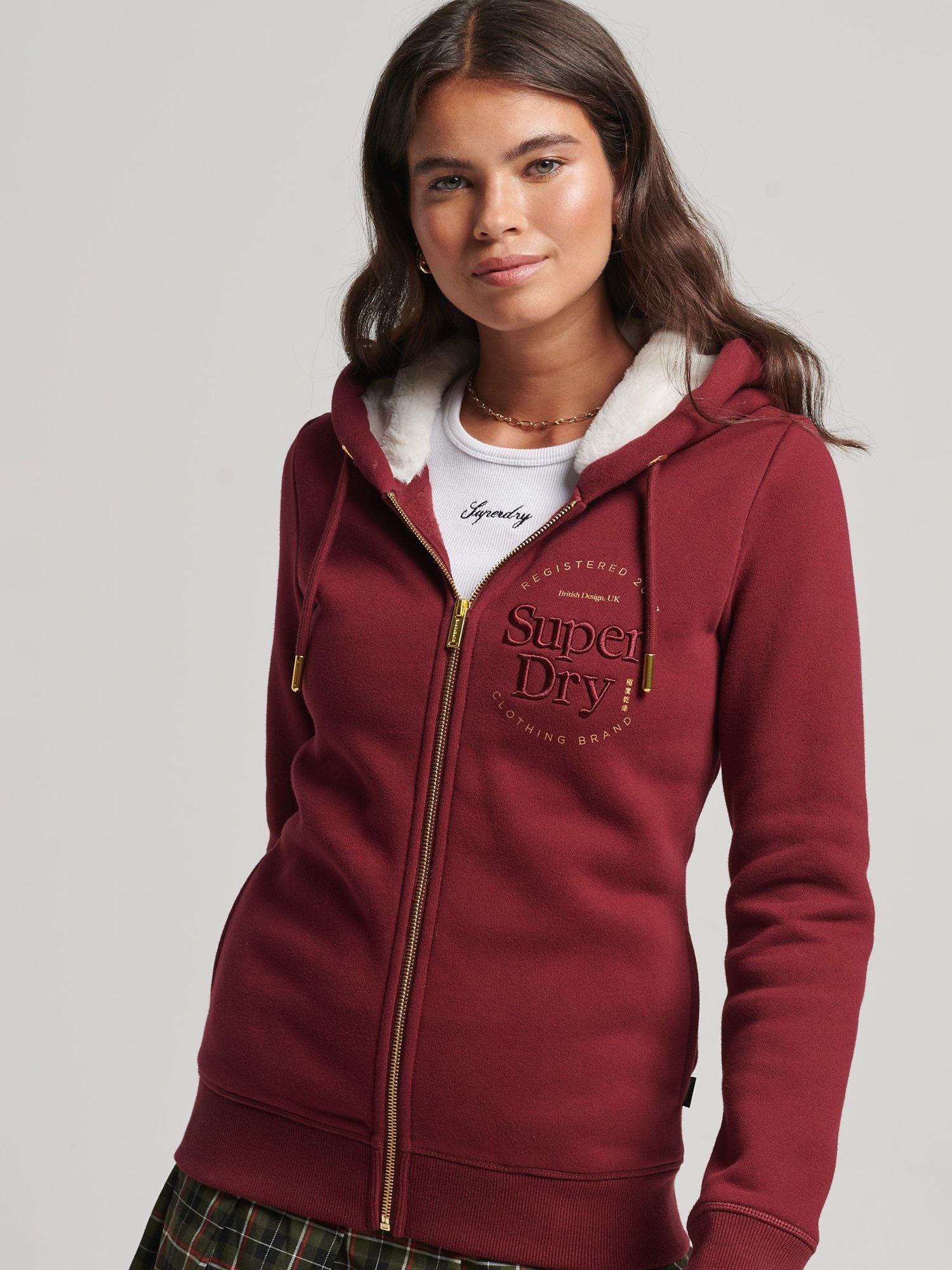 Superdry Luxe Embroidered Logo Zip Up Hoodie, Deep Port