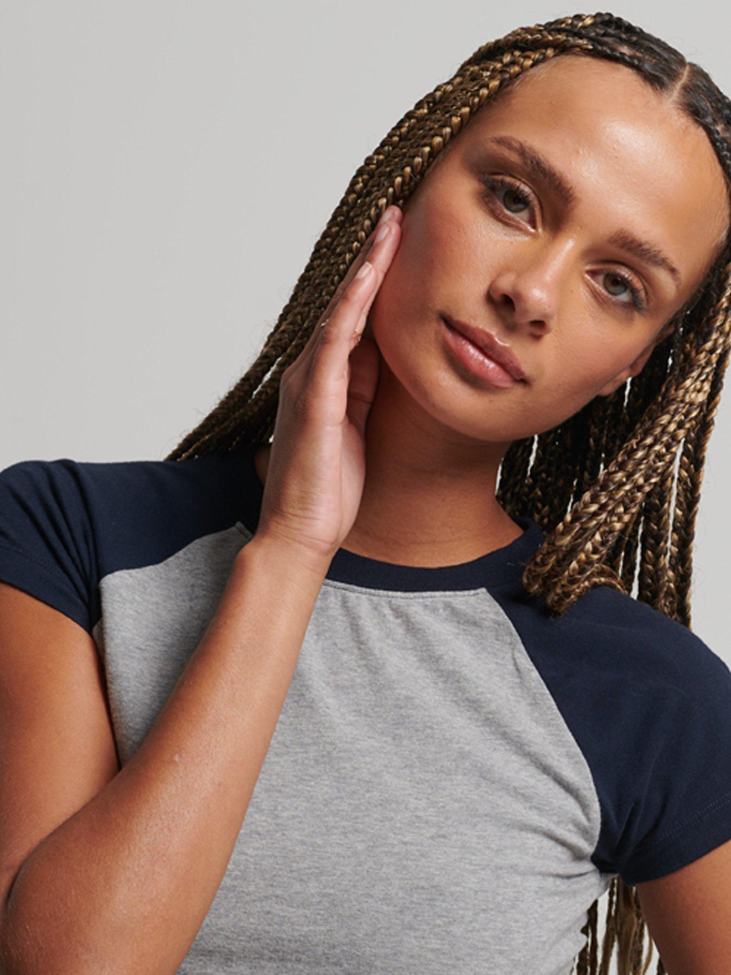 Superdry Organic Cotton Cropped Baseball T-Shirt, Grey Marl/Navy