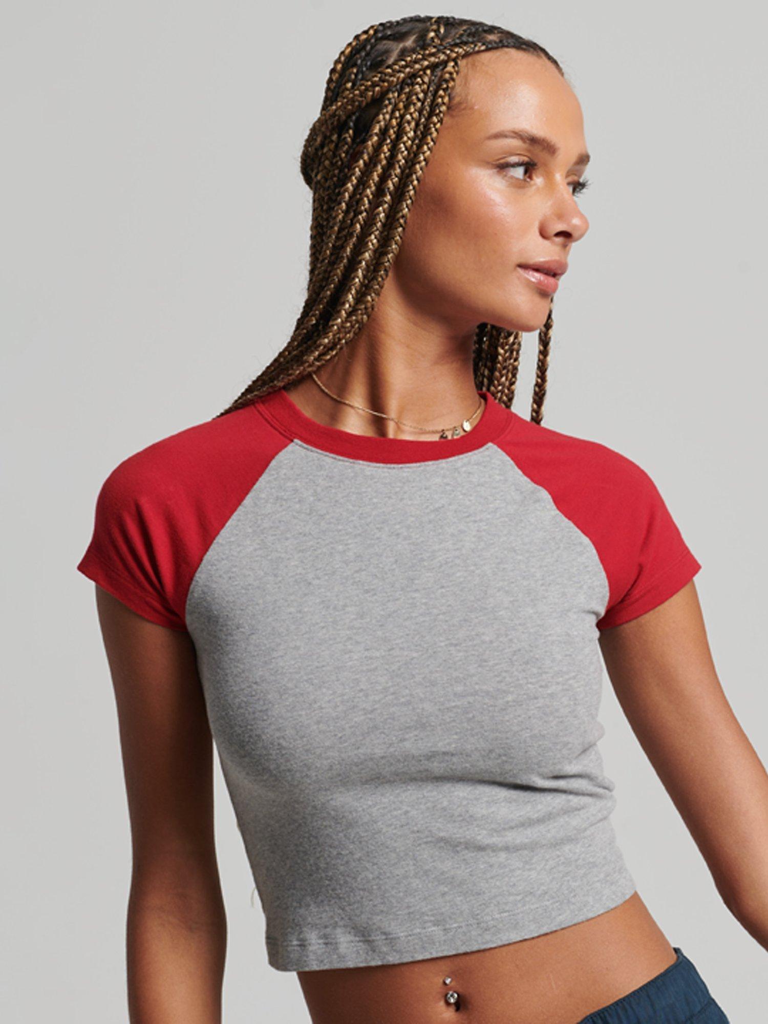 Superdry Organic Cotton Cropped Baseball T-Shirt, Grey Marl/Red