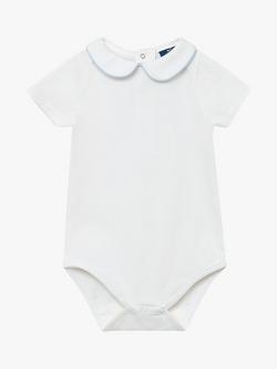 Trotters Thomas Brown Baby Milo Piped Short Sleeve Jersey Bodysuit, White/Pale Blue