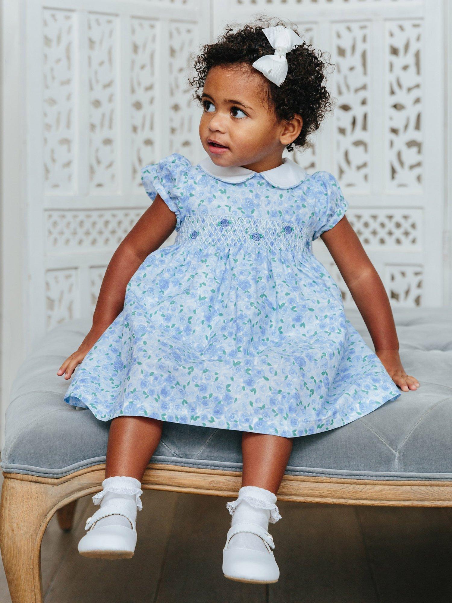 Trotters Baby Rosie Smocked Rose Printed Dress, Pale Blue