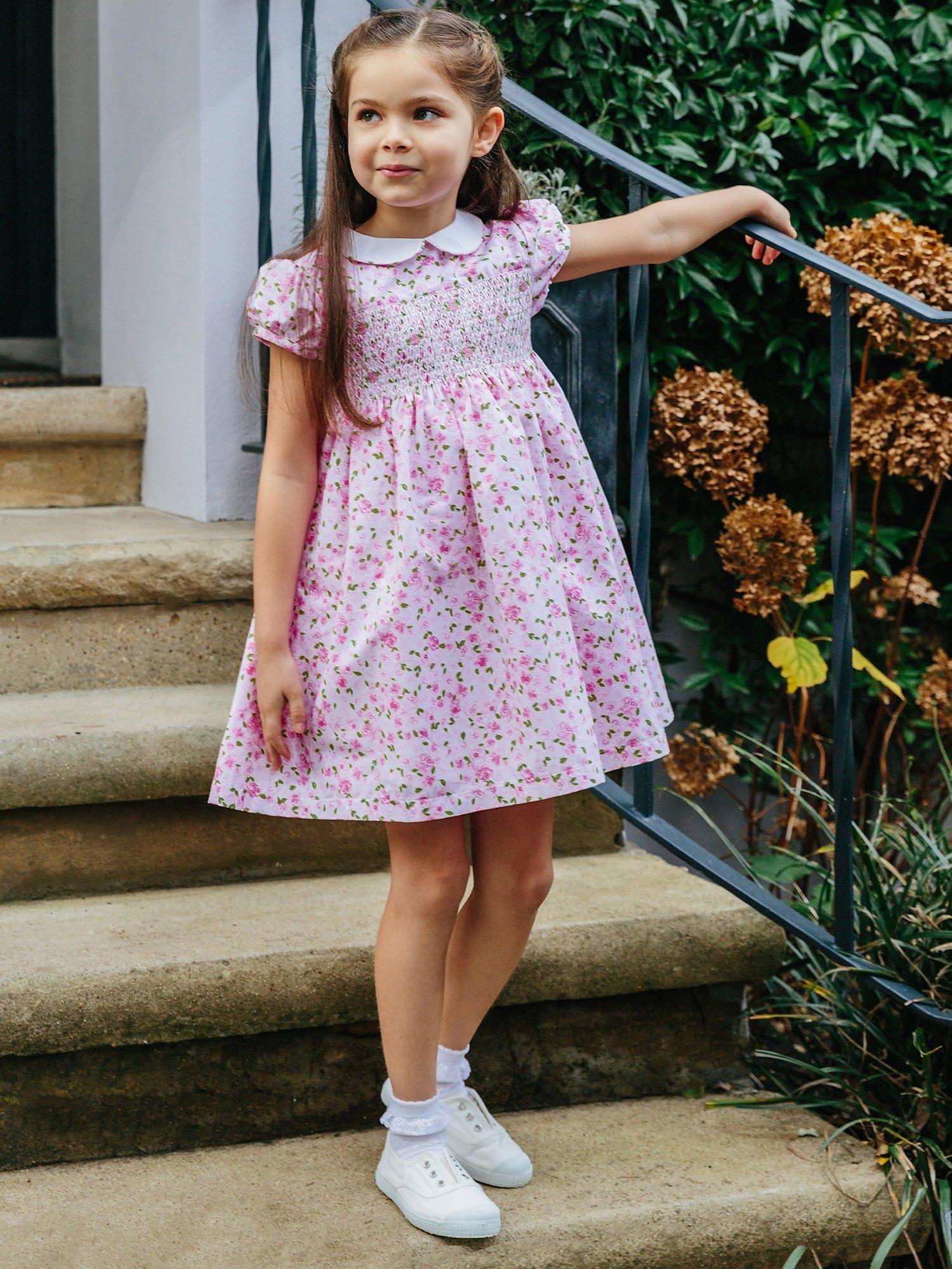 Trotters Kids' Rosie Smocked Rose Printed Dress, Pink