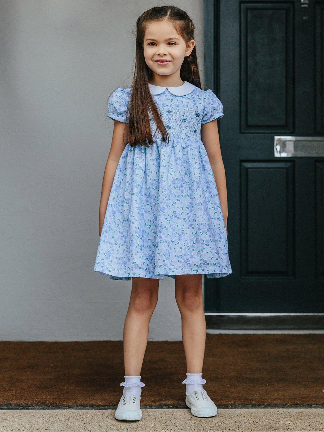 Trotters Kids' Rosie Smocked Rose Printed Dress, Pale Blue