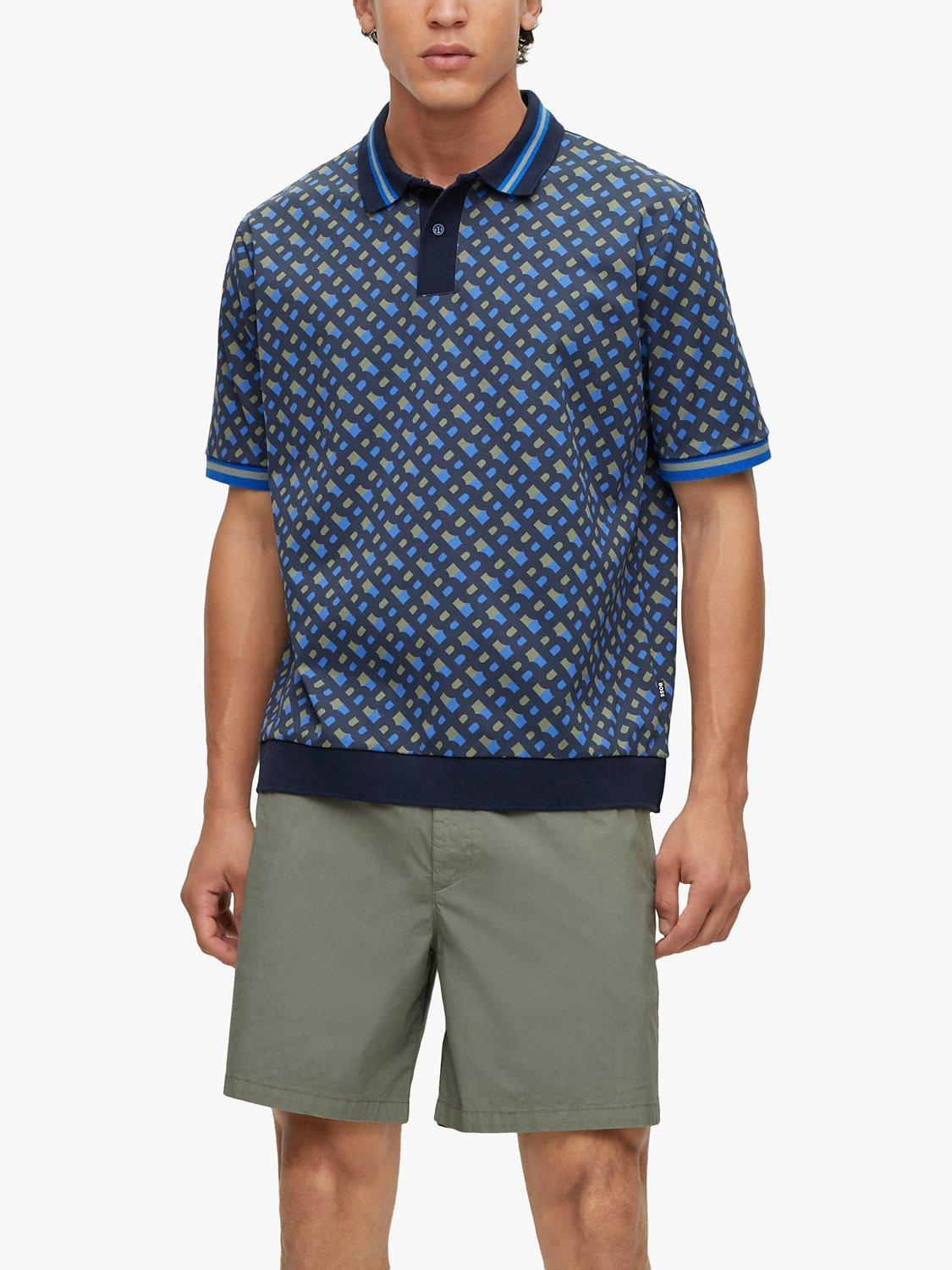 BOSS Parler Abstract Print Relaxed Fit Polo Shirt, Dark Blue/Multi
