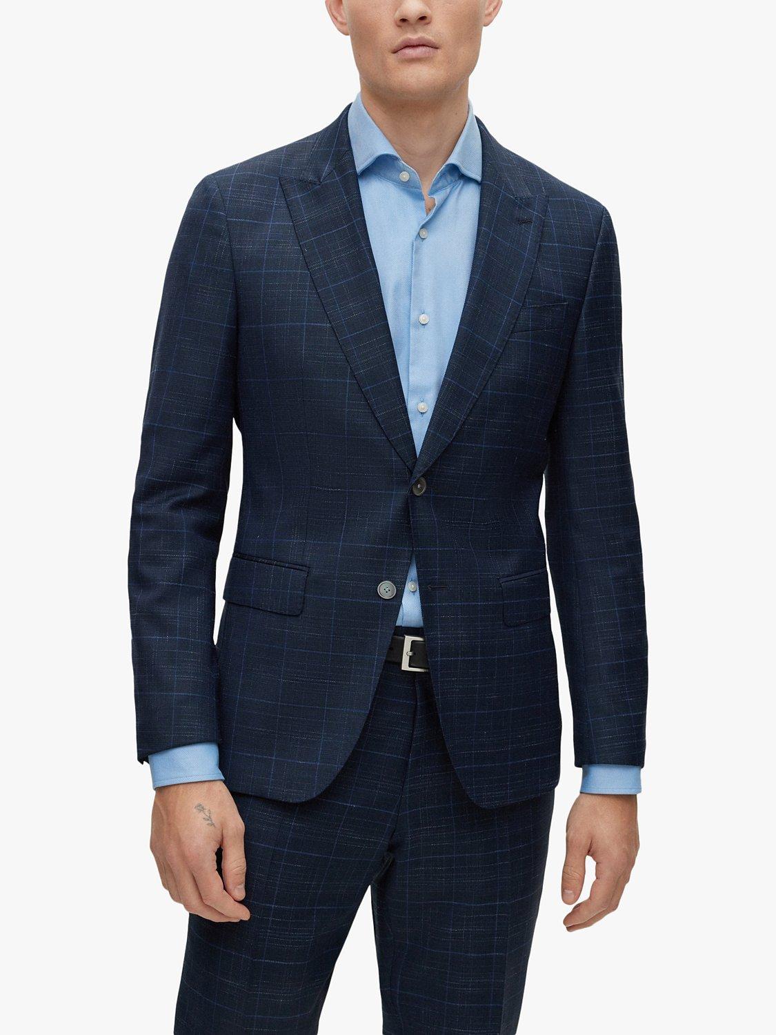 HUGO Check Wool and Silk Slim Fit Suit, Dark Blue