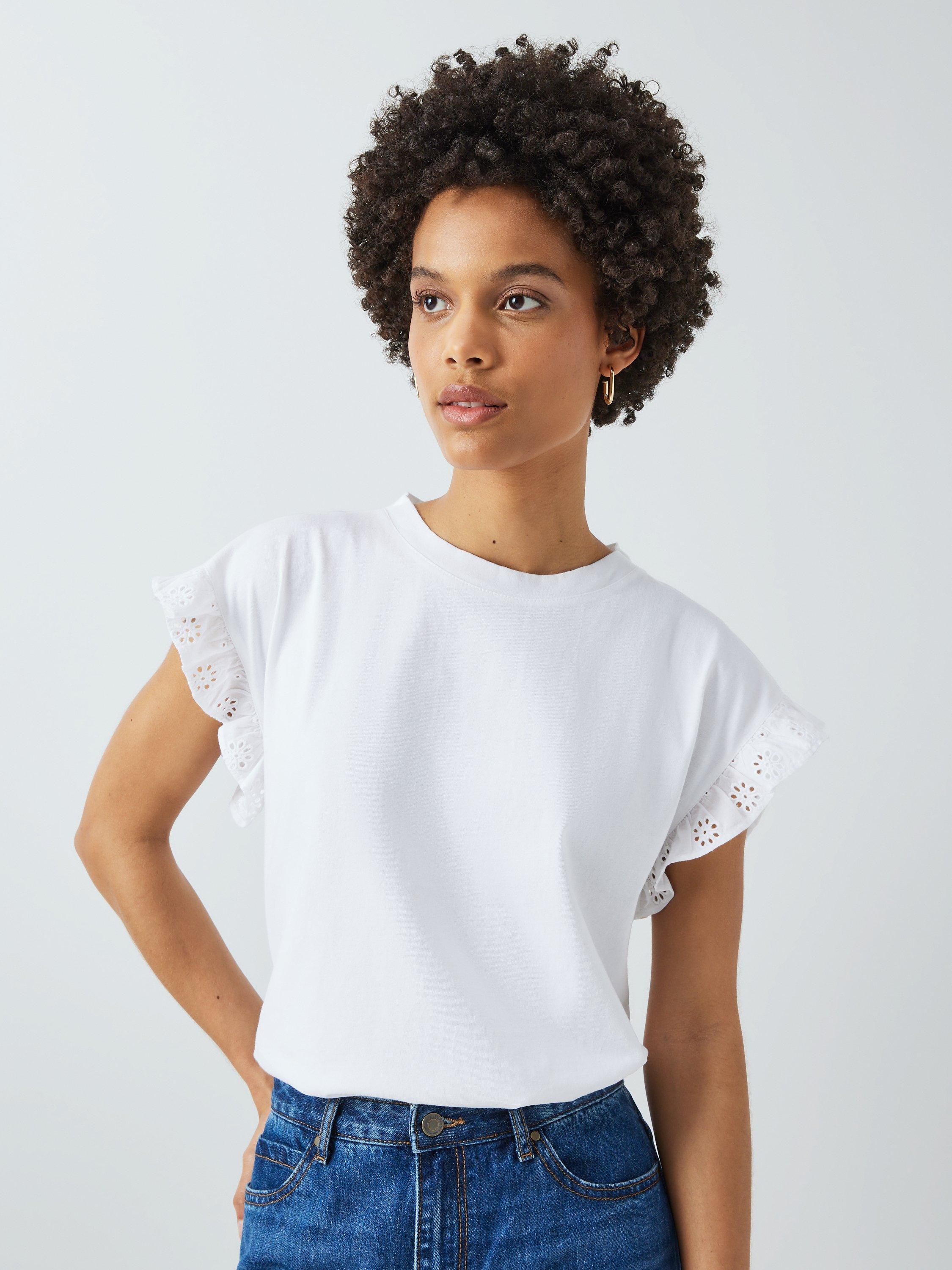 John Lewis ANYDAY Broderie Frill Sleeve T-Shirt, White