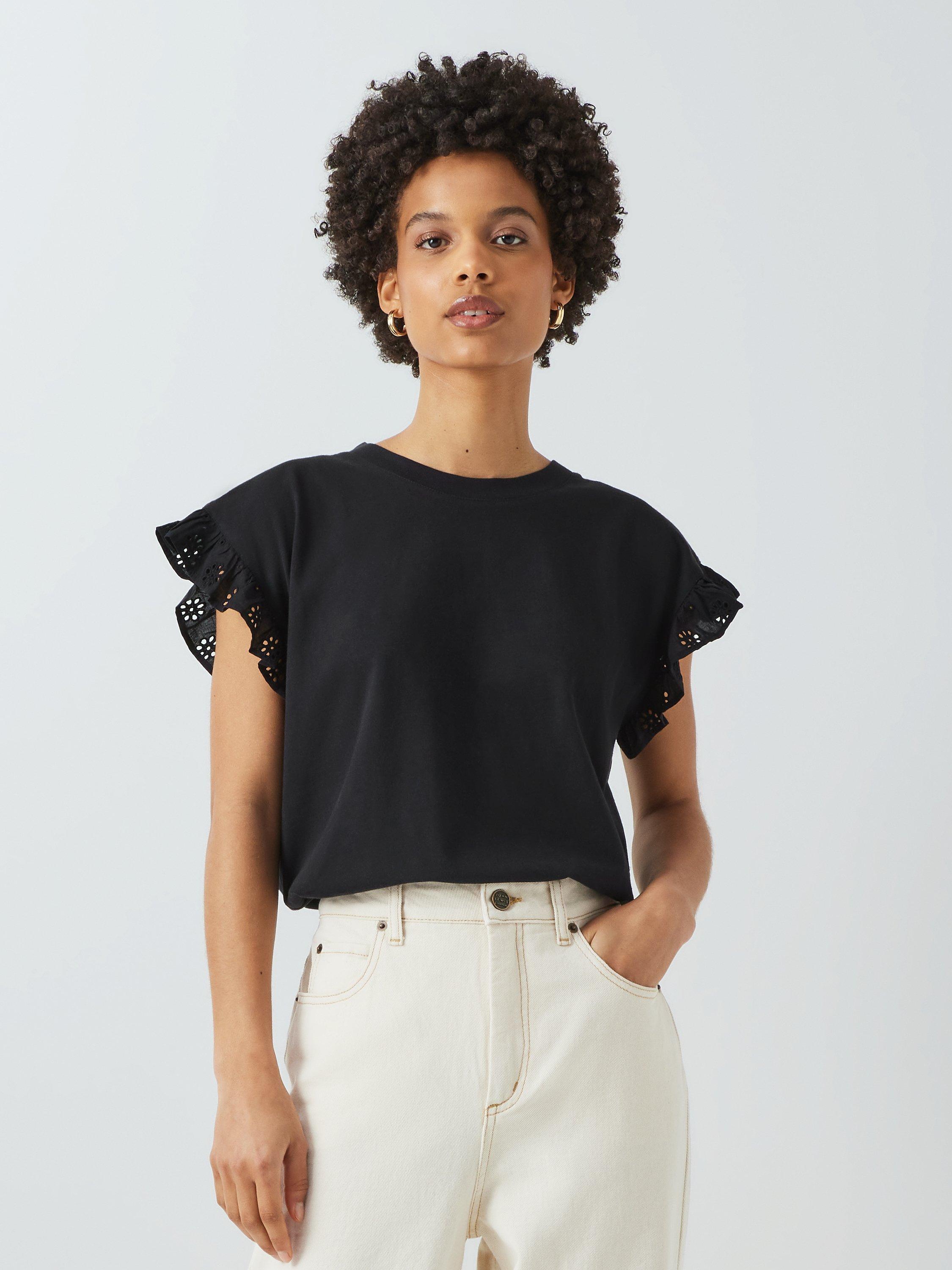 John Lewis ANYDAY Broderie Frill Sleeve T-Shirt, Black