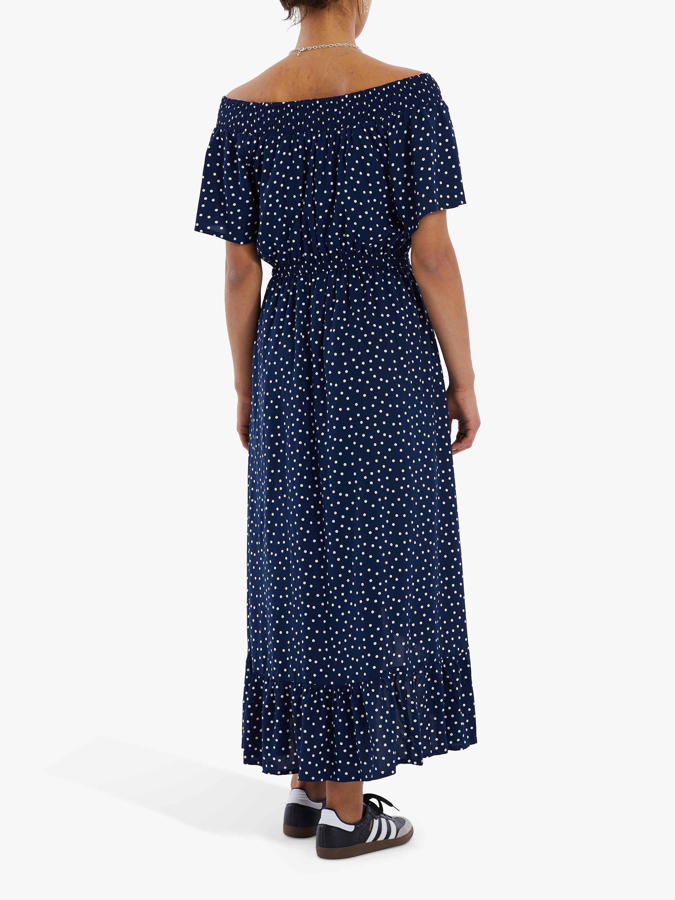 Lollys Laundry Flora Polka Dot Off The Shoulder Maxi Dress Navy White
