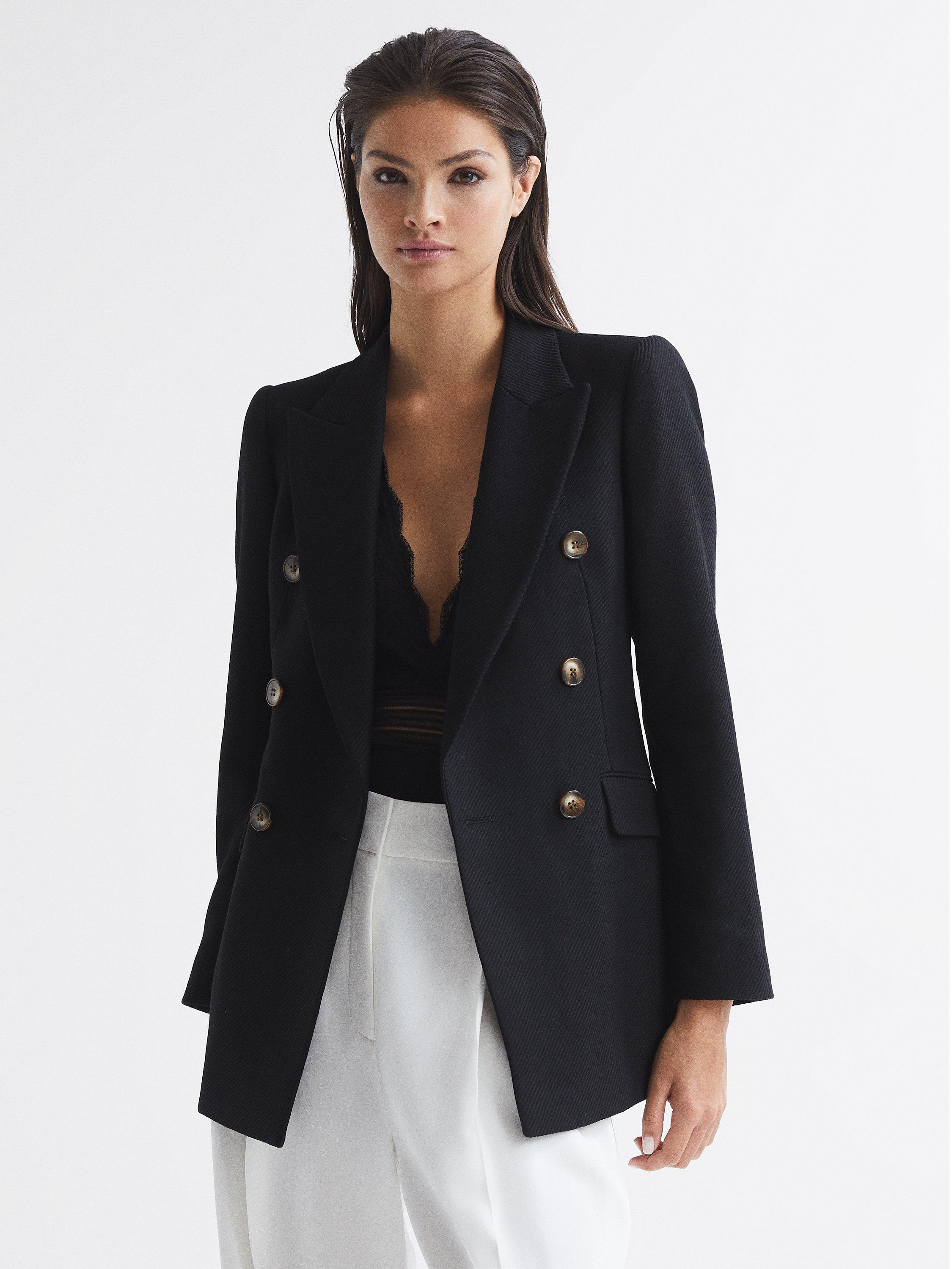 Reiss Laura Double Breasted Wool Blend Blazer, Black