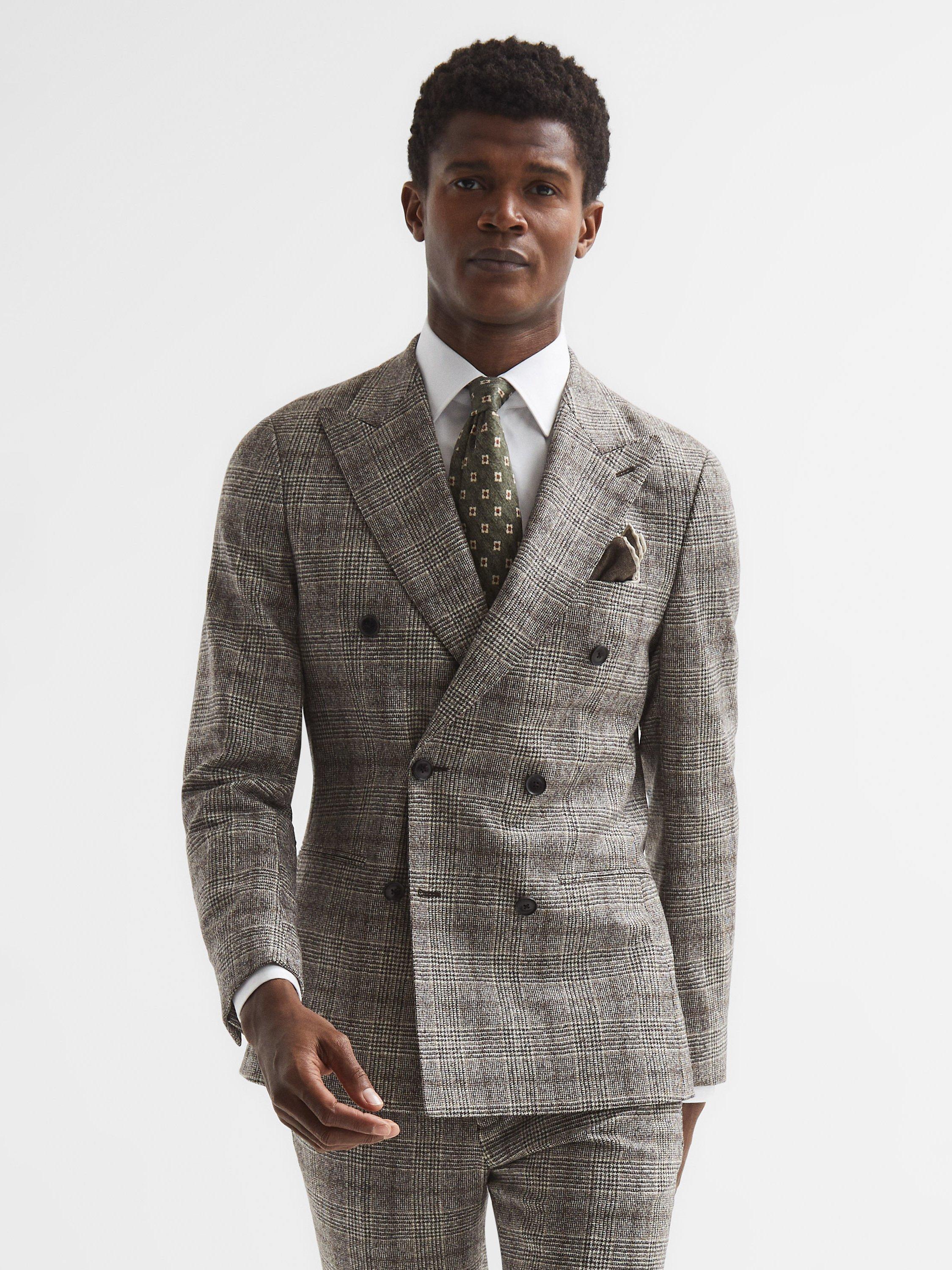 Reiss Alfredo Slim Fit Double Breasted Wool Check Suit Blazer, Brown