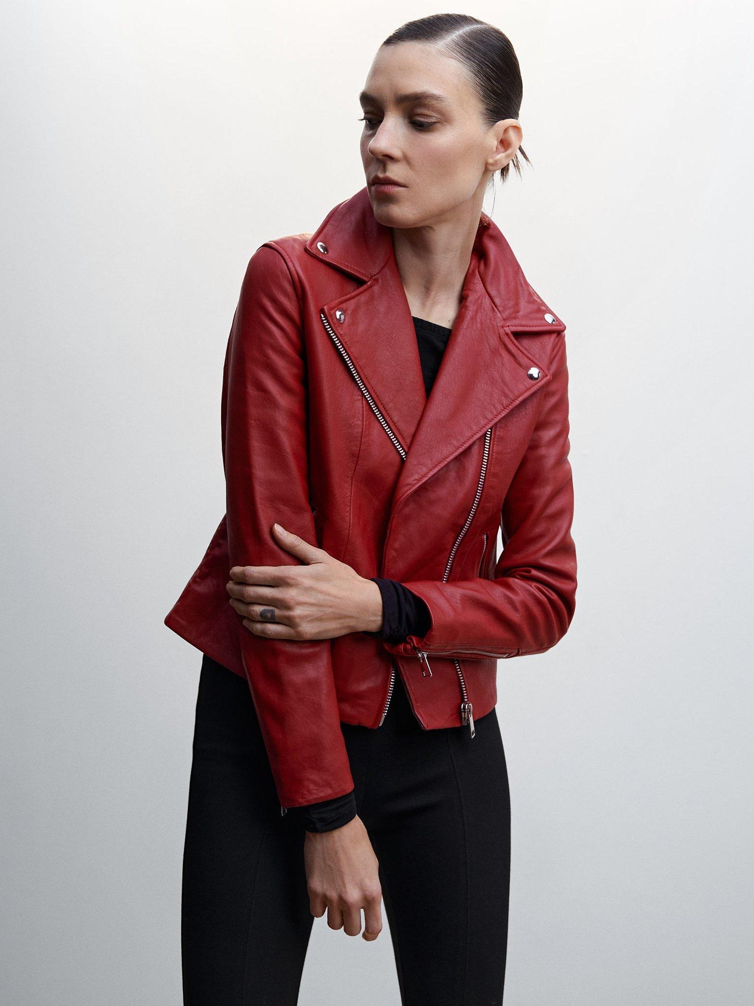 Mango Perfect Leather Biker Jacket, Dark Red