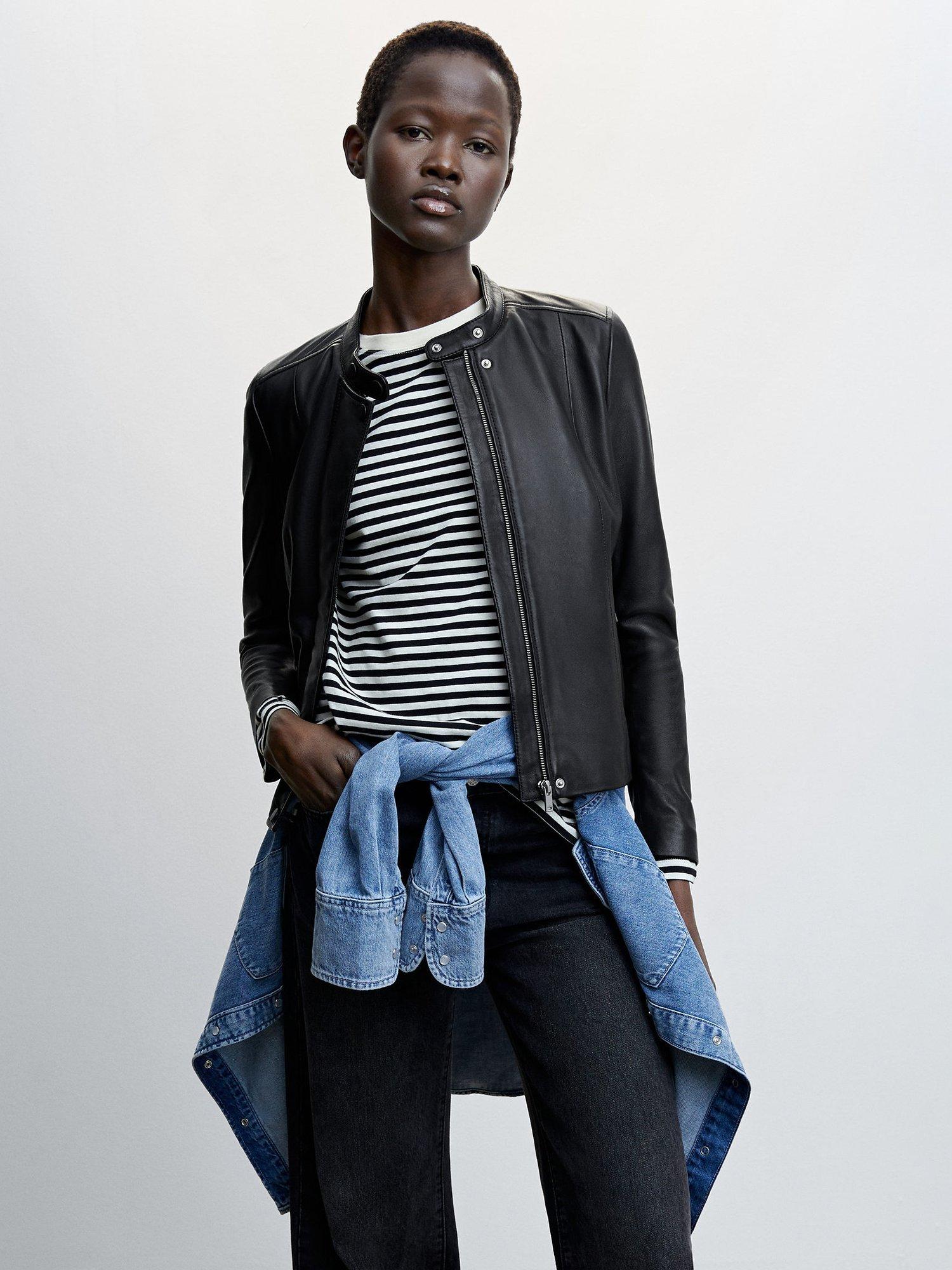 Mango Felipa Round Neck Leather Jacket, Black