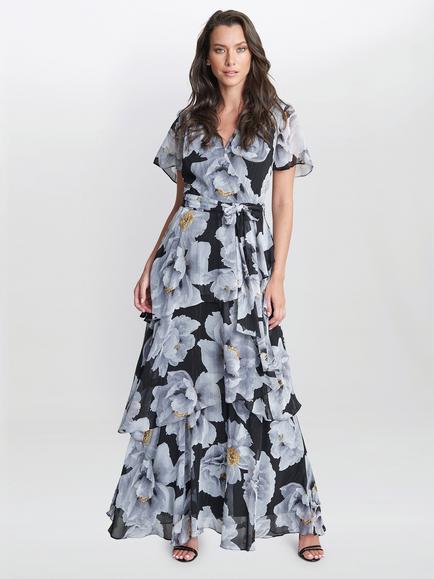 Gina Bacconi Caylee Printed Maxi Dress, Ivory/Black - view 2, Ivory/Black