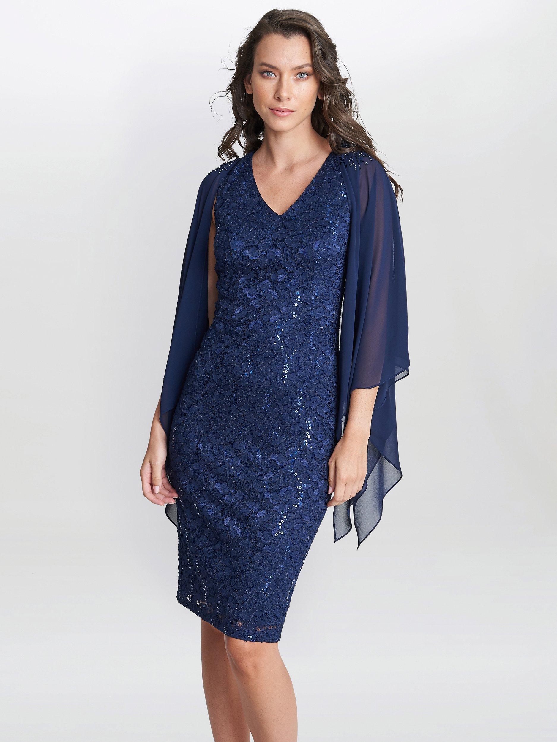 Gina Bacconi Adelaide V Neck Cape Dress, Spring Navy