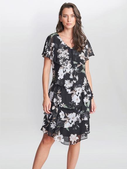Gina Bacconi Debbie Floral Print Tiered Dress, Black/Multi, Black/Multi