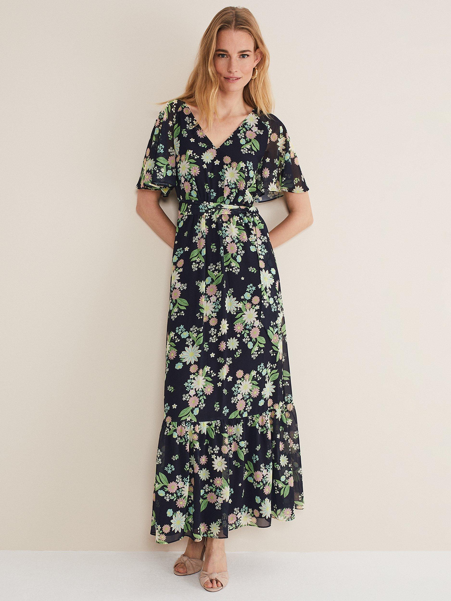 Product image 1 of 7, which shows Phase Eight Georgie Tiered Floral Maxi Dress, Navy/Multi, 12