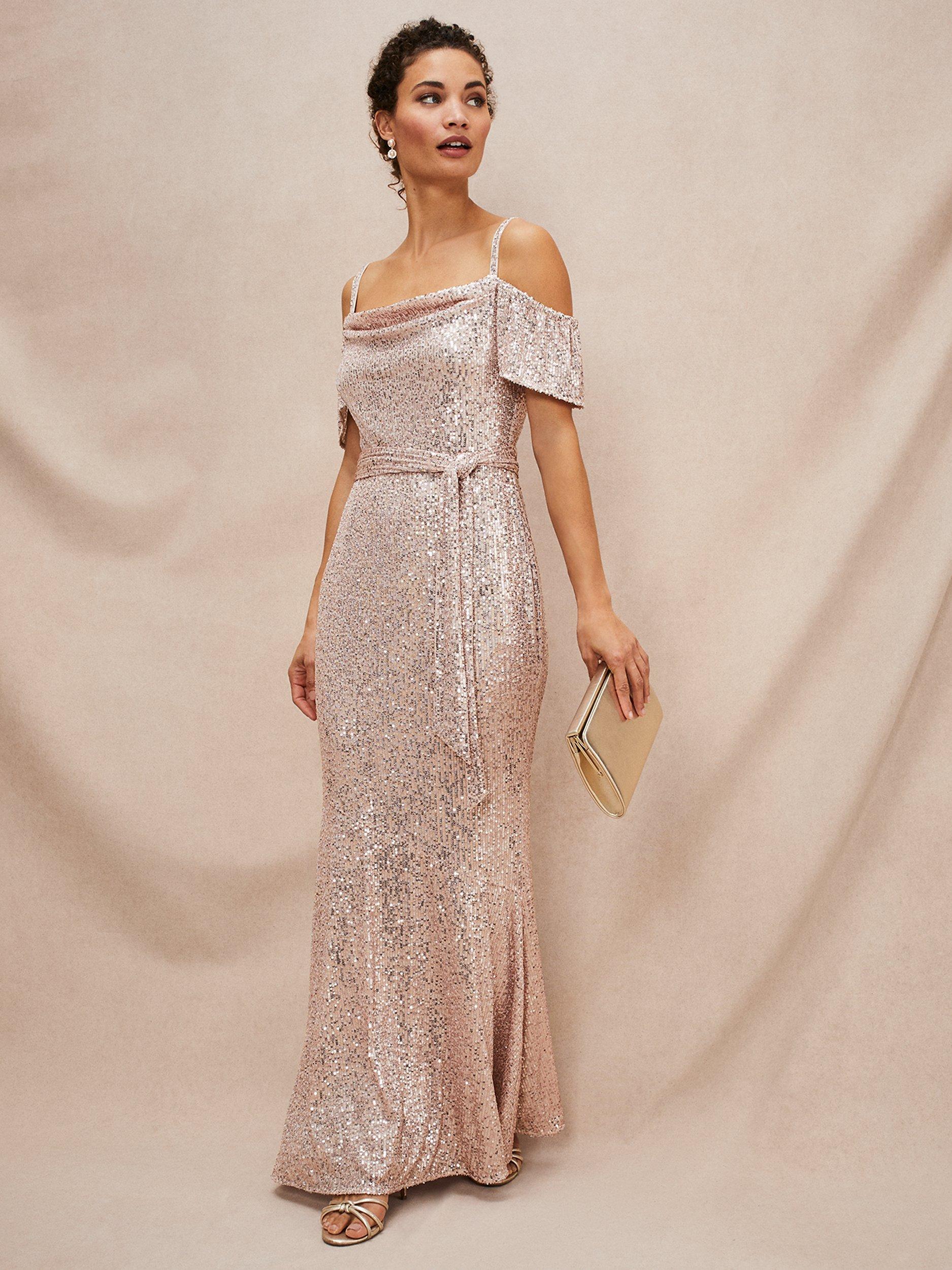 Phase Eight Poppy Off the Shoulder Sequin Dress Rose Gold