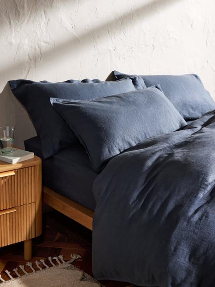 John Lewis Washed Linen Fitted Sheet - view 2, Denim Blue