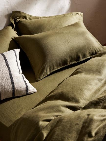 John Lewis Washed Linen Flat Sheet - view 2, Avocado Green