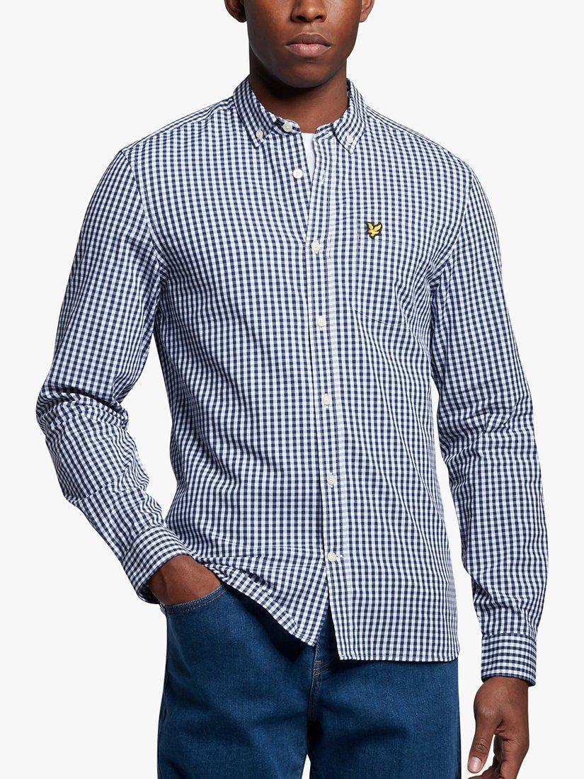 Product image 1 of 5, which shows Lyle & Scott Slim Fit Long Sleeve Gingham Shirt, Navy/White, XS