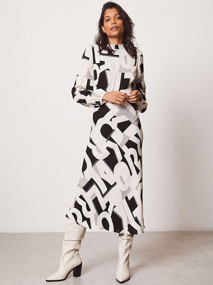 Mint Velvet Lyra Bias Midi Dress, White/Black
