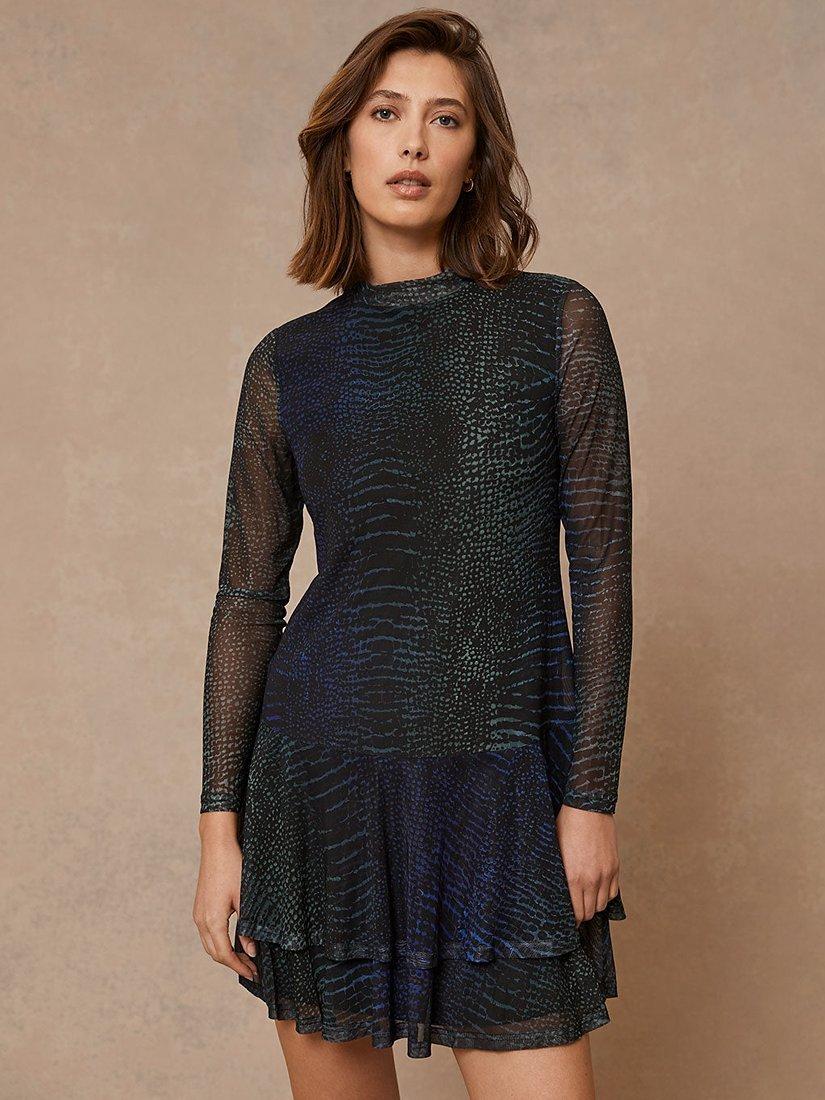 Mint Velvet Marlee Print Mesh Mini Dress, Blue/Multi