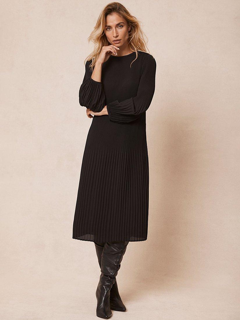 Mint Velvet Pleated Balloon Sleeve Midi Dress, Dark Grey