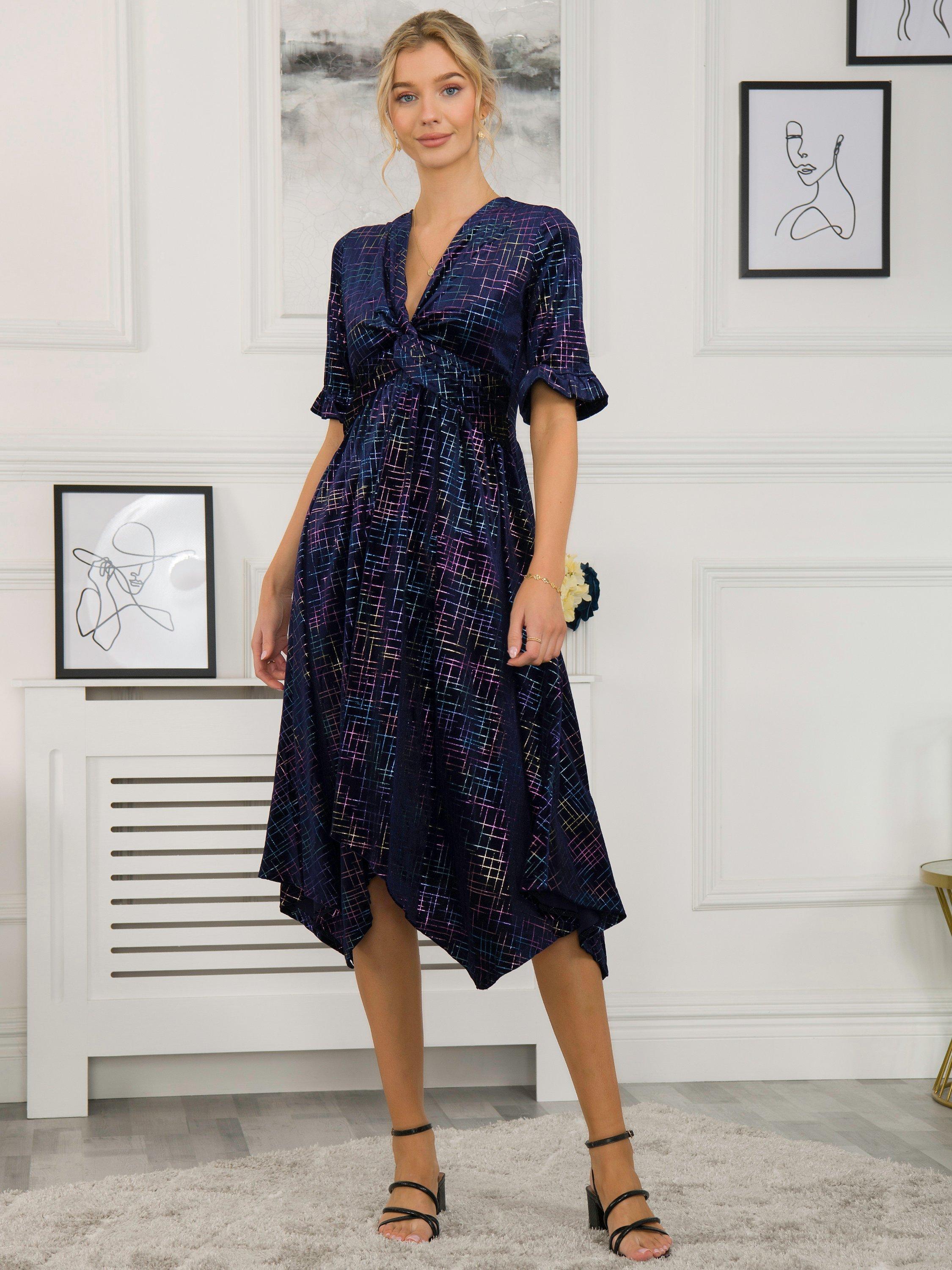 Jolie Moi Hanky Velvet Midi Dress, Navy, 8