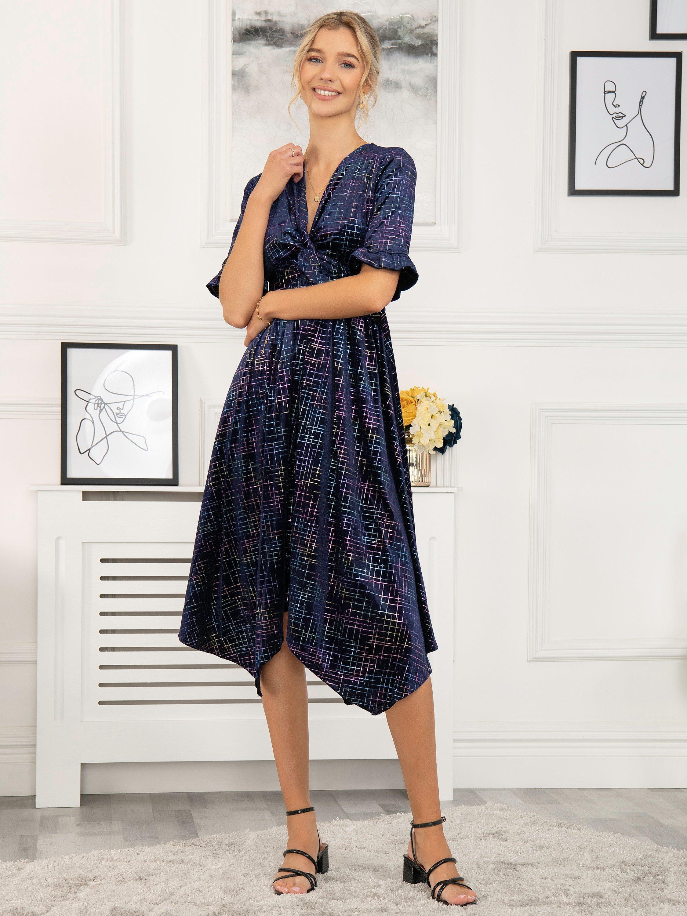 Jolie Moi Hanky Velvet Midi Dress, Navy, 8