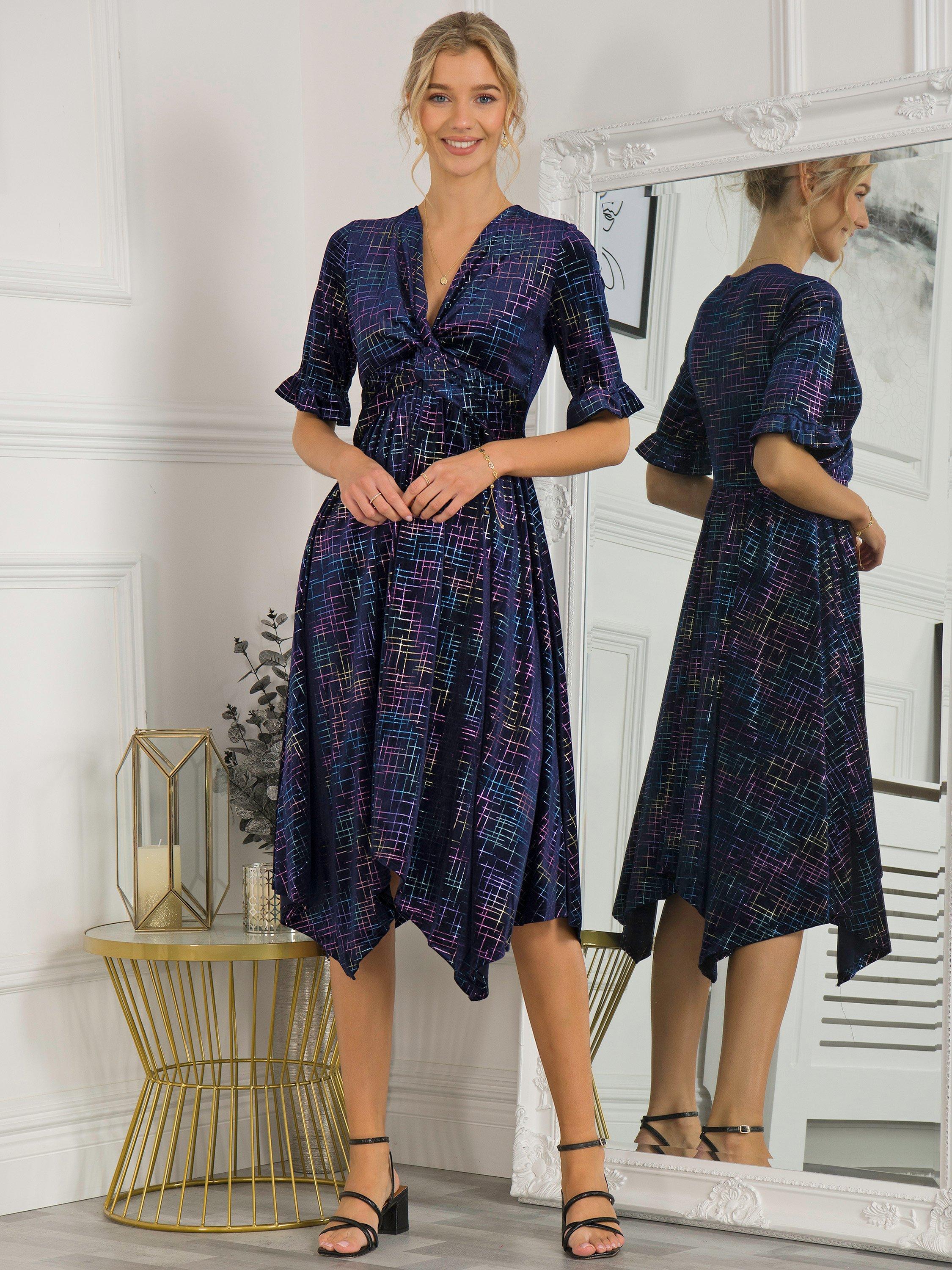 Jolie Moi Hanky Velvet Midi Dress, Navy, 8