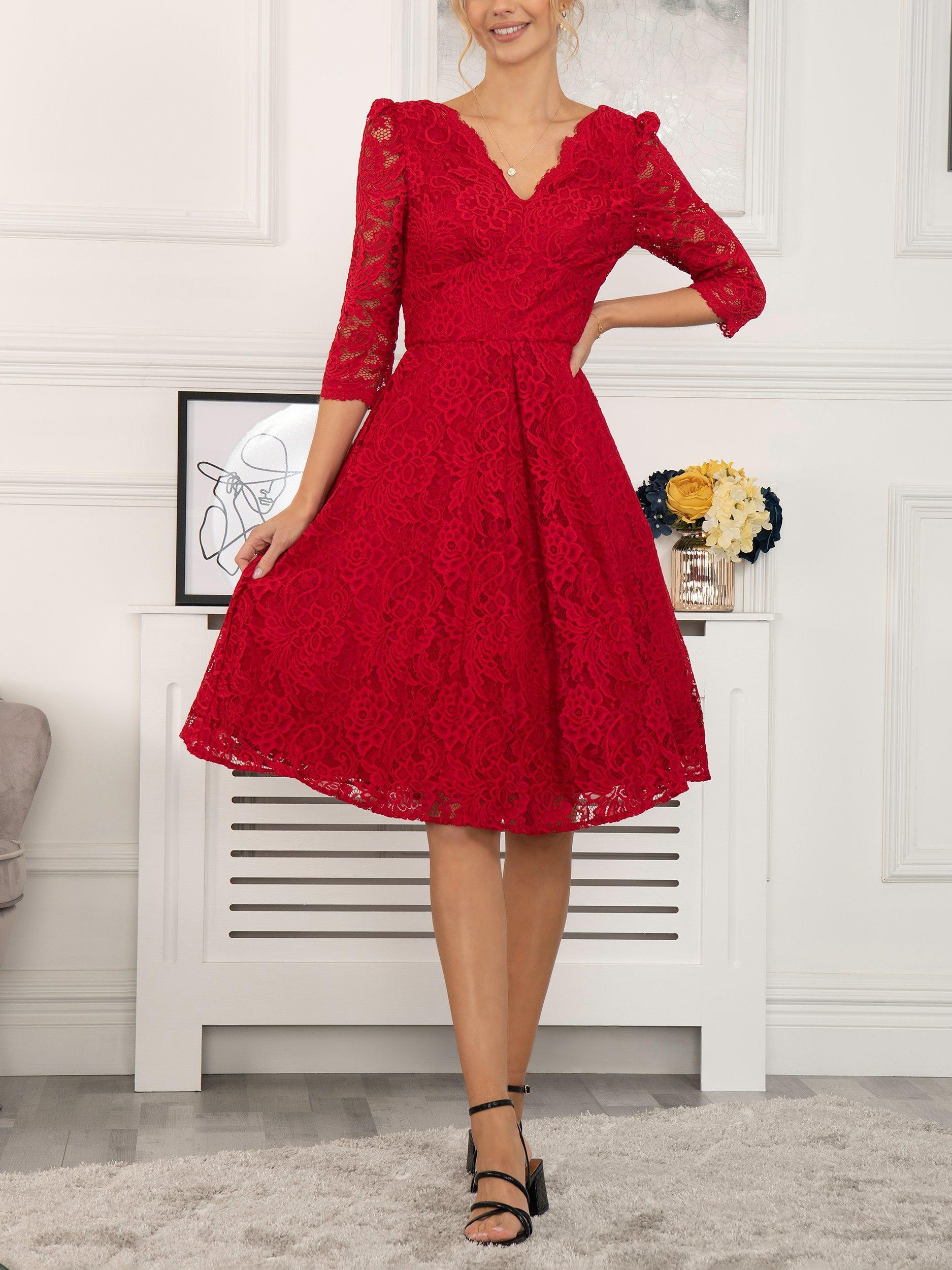 Jolie Moi Lace Knee Length Dress, Red